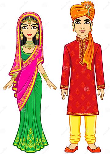 Asian Beauty. Animation Indian Family in Traditional Clothes Stock ...