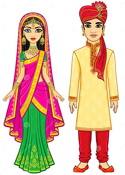 Asian Beauty. Animation Indian Family in Traditional Clothes Stock ...