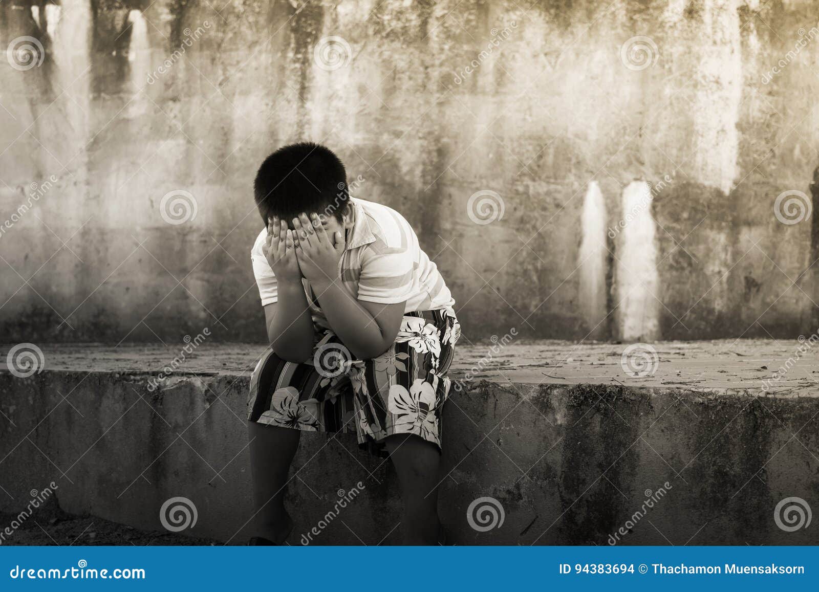 Asian Boy Crying Alone at Old Wall Stock Photo - Image of scared ...