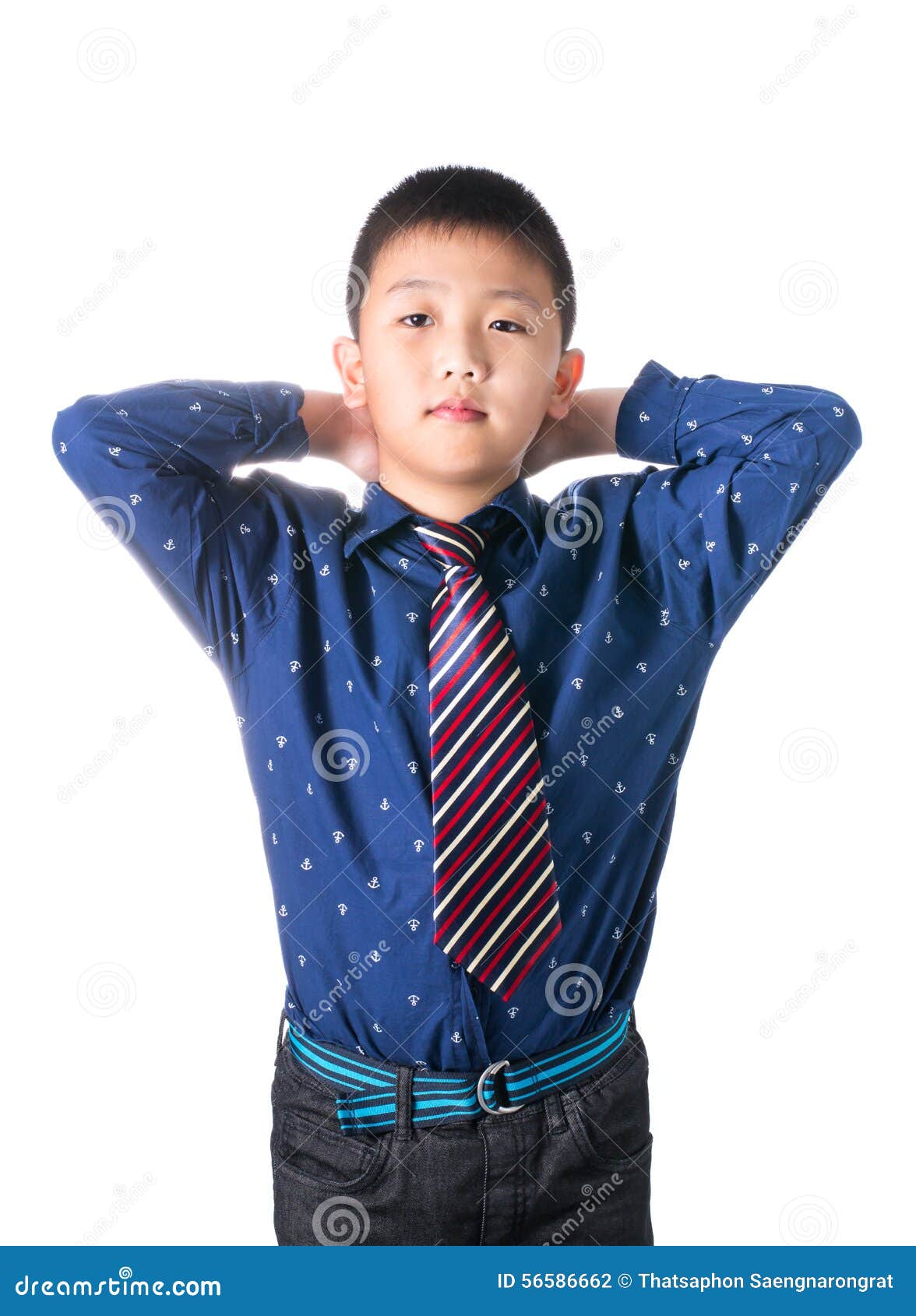 Asian Boy with Necktie, Isolated on White Background Stock Photo