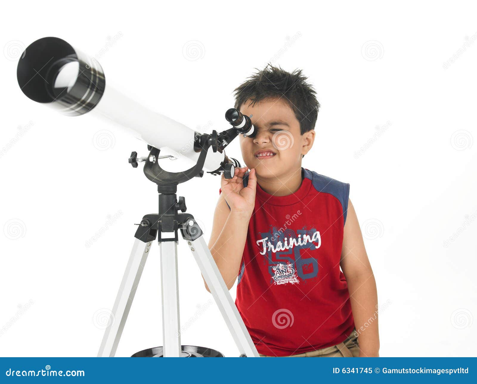 asian boy with a telescope