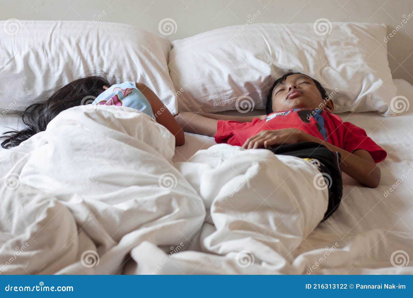Sleeping Sister Brother Xxx - Asian Brother and Sister Sleeping on the Bed. Stock Photo - Image of  little, leisure: 216313122