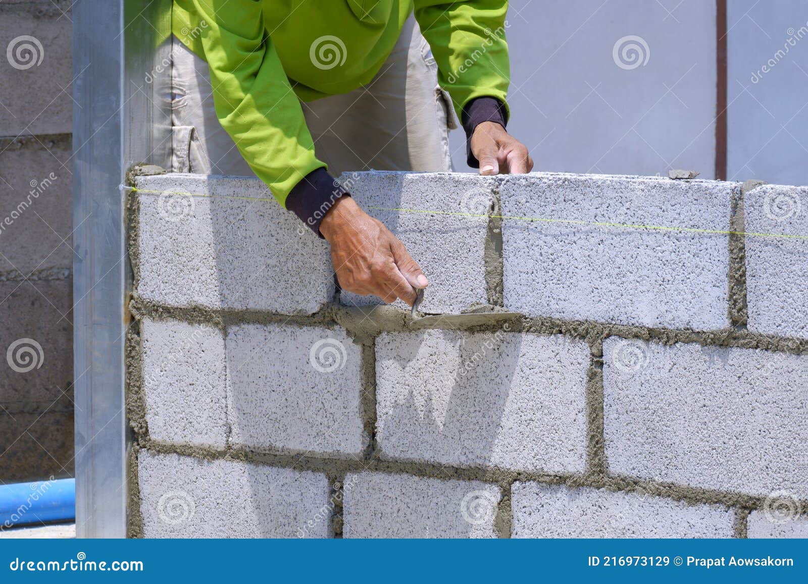 Asian Builder Worker Building Concrete Block Wall in House Construction Site Stock Image Image