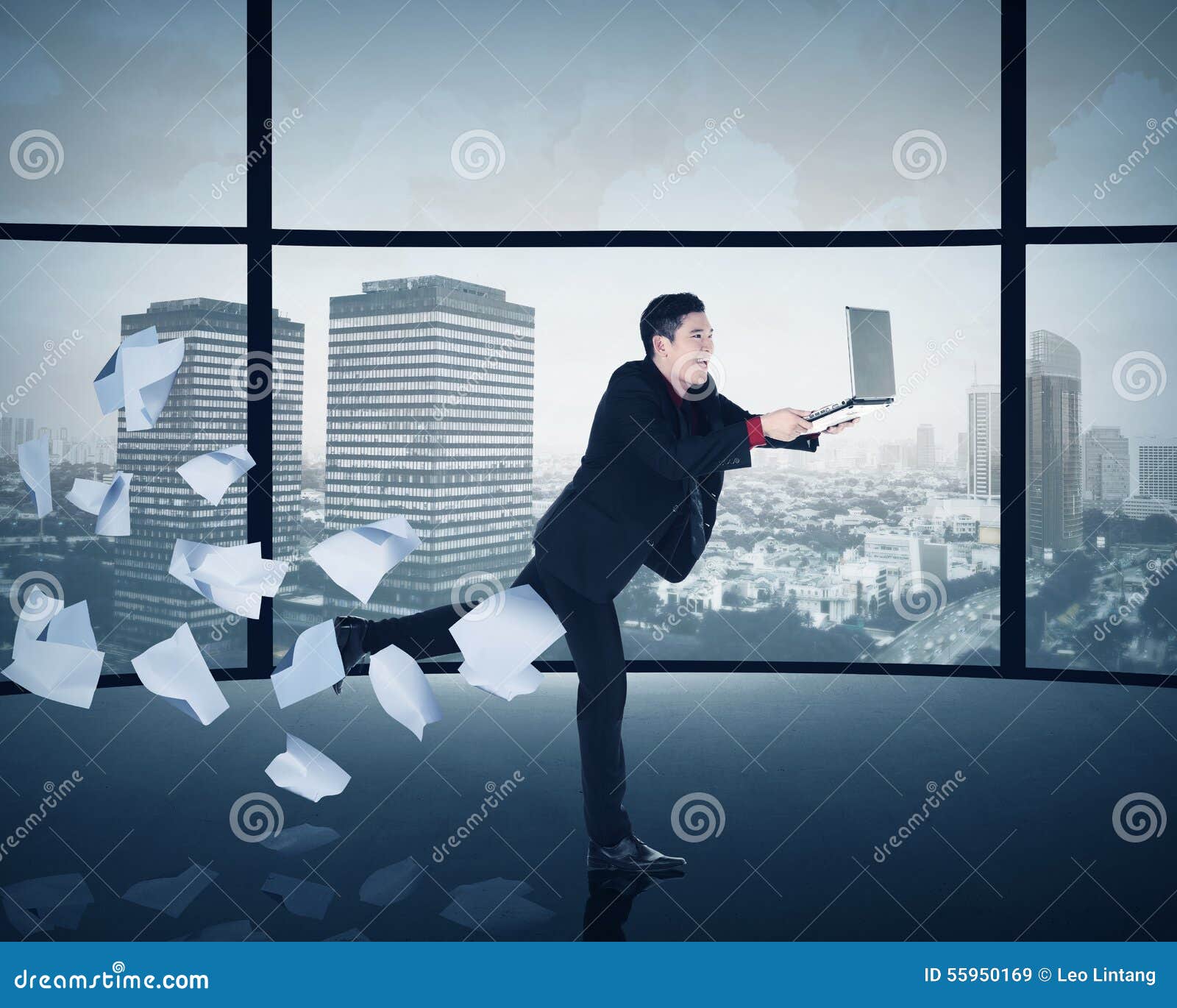 Asian Business Man Running with Laptop Stock Image Image of cityscape