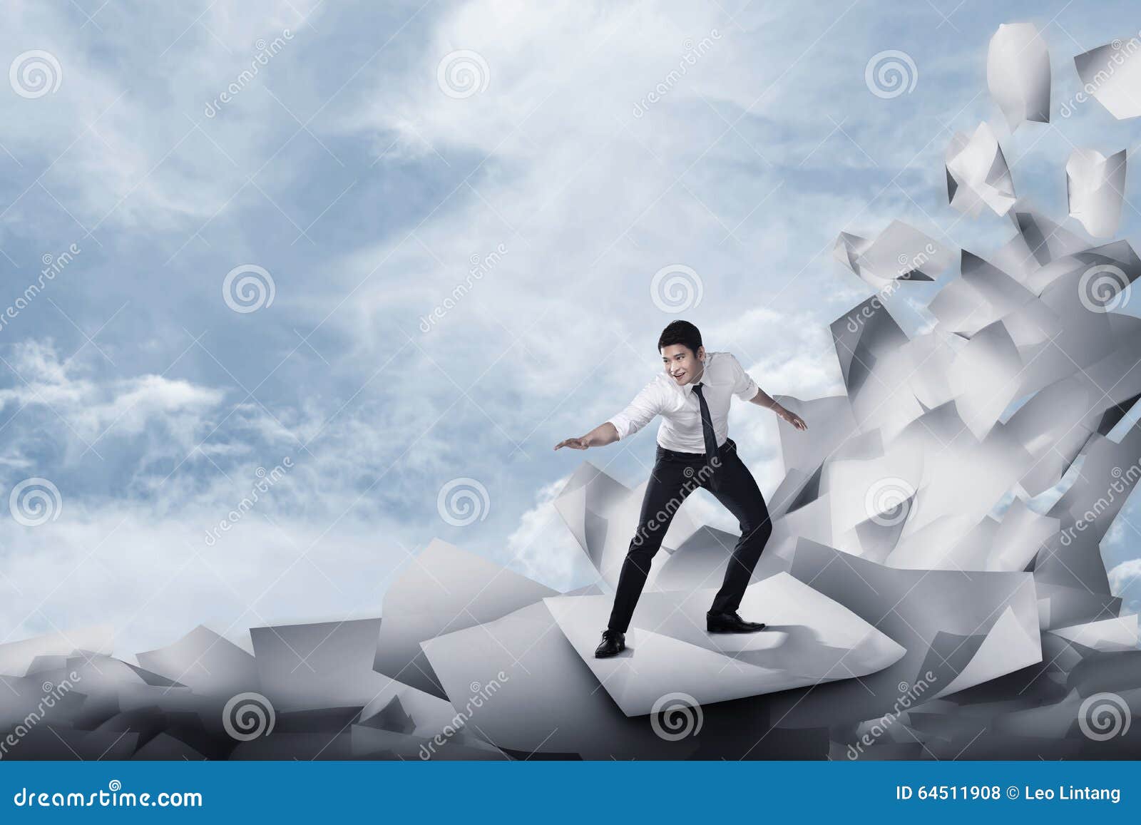 Asian Business Man Surfing on the Wave of Papers Stock Photo Image of