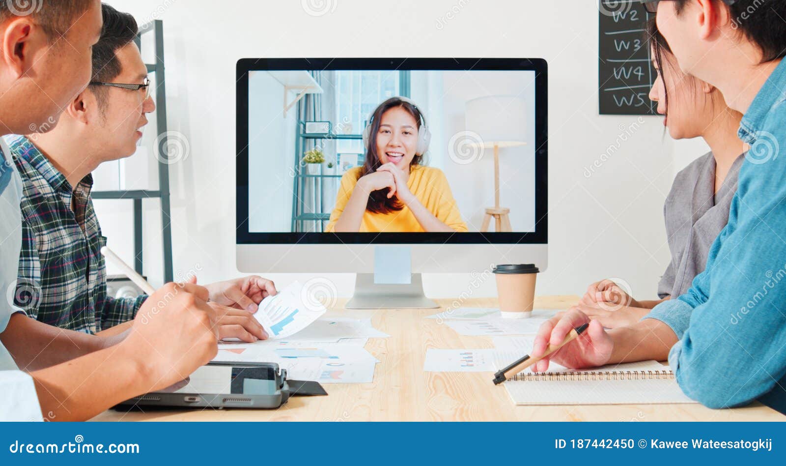 asian business people video conference with colleague woman. remote vdo call meeting, coworker teamwork brainstorm