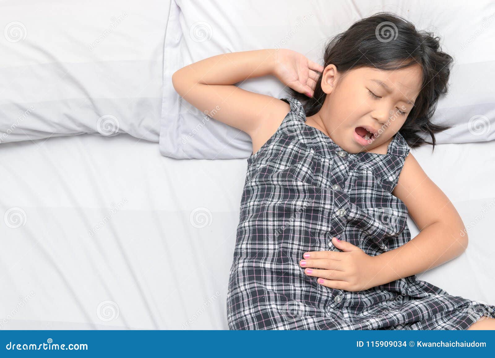 Asian Child Suffering from Stomachache Stock Photo - Image of bedroom ...