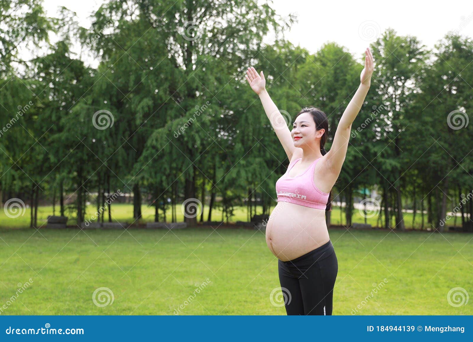 Asian Eastern Chinese Happy Beautiful Pregnant Woman Hug Embrace Nature