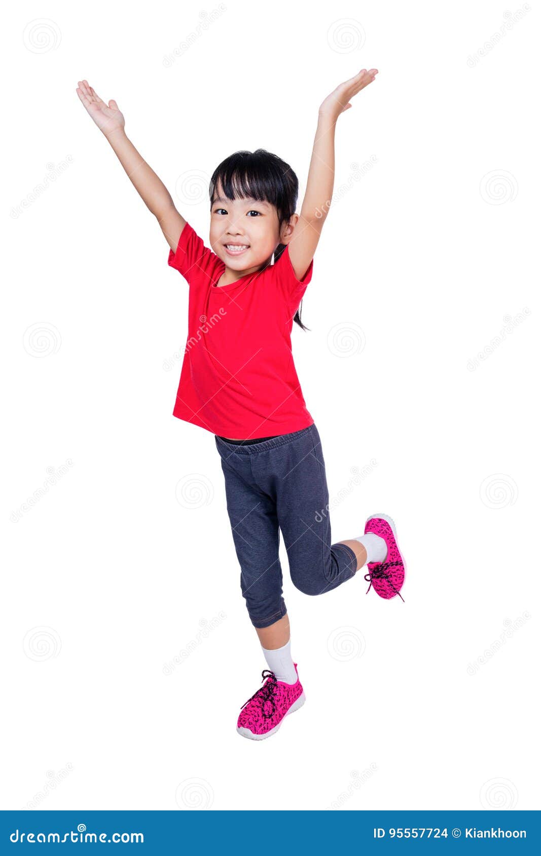 Asian Chinese Little Girl Jumping Up And Wave Her Hands Stock Photo ...