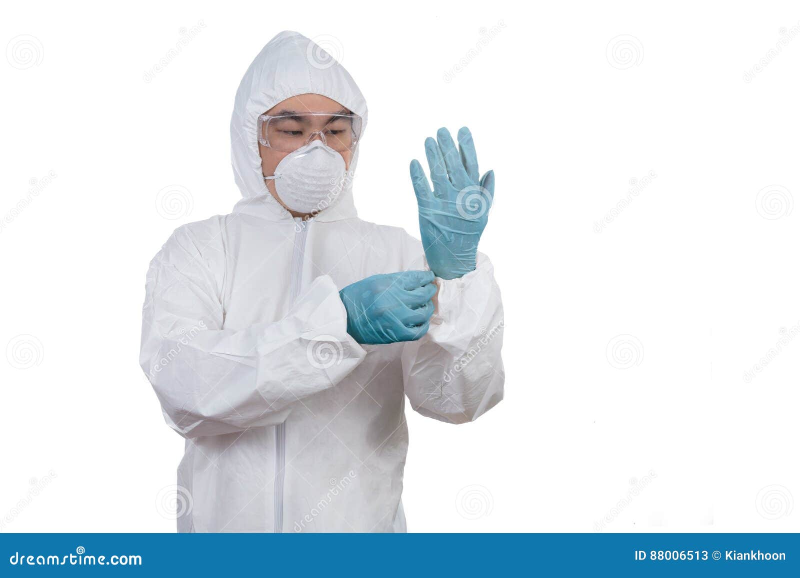 Asian Chinese Scientist in Protective Wear Putting on Gloves Stock ...