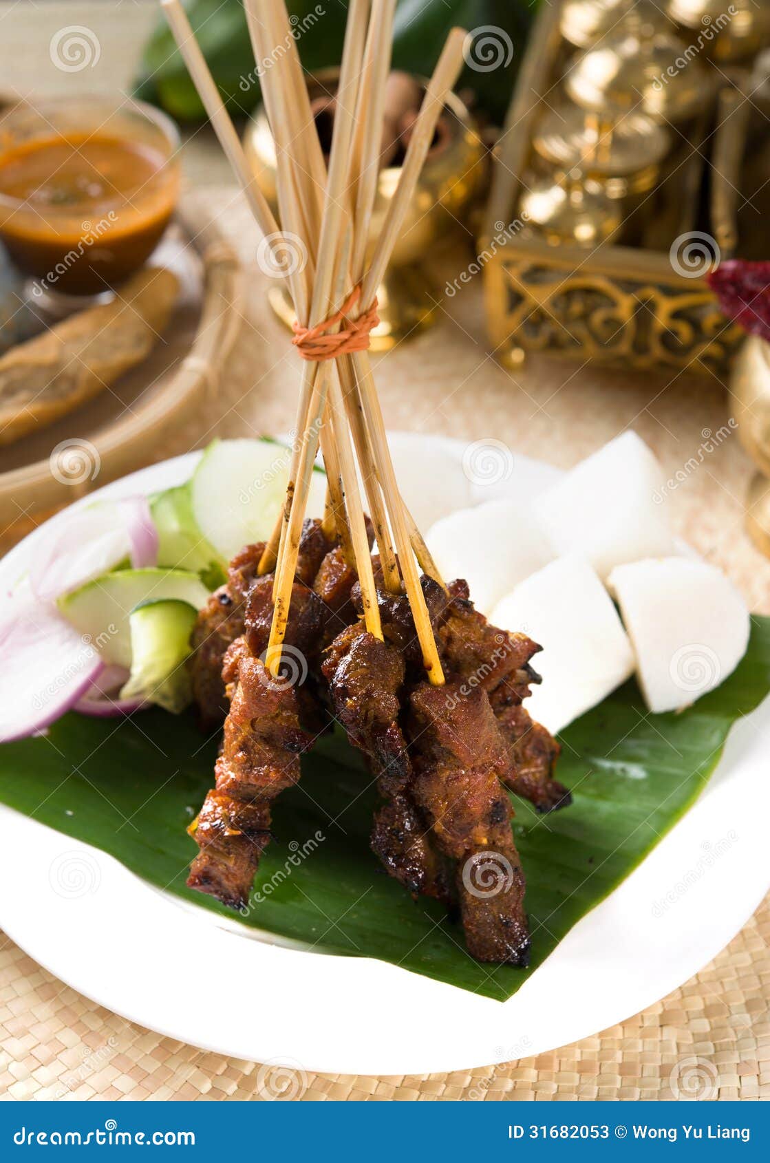 Asian Cuisine Beef Satay with Rice and Traditional Setup Stock Image