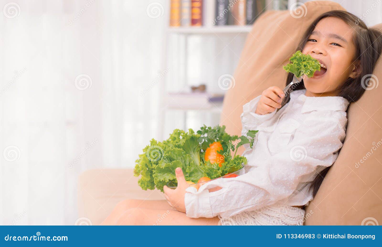 Asian Cute Girl Eats Fresh Salad Healthy Eating Concept Stock Image