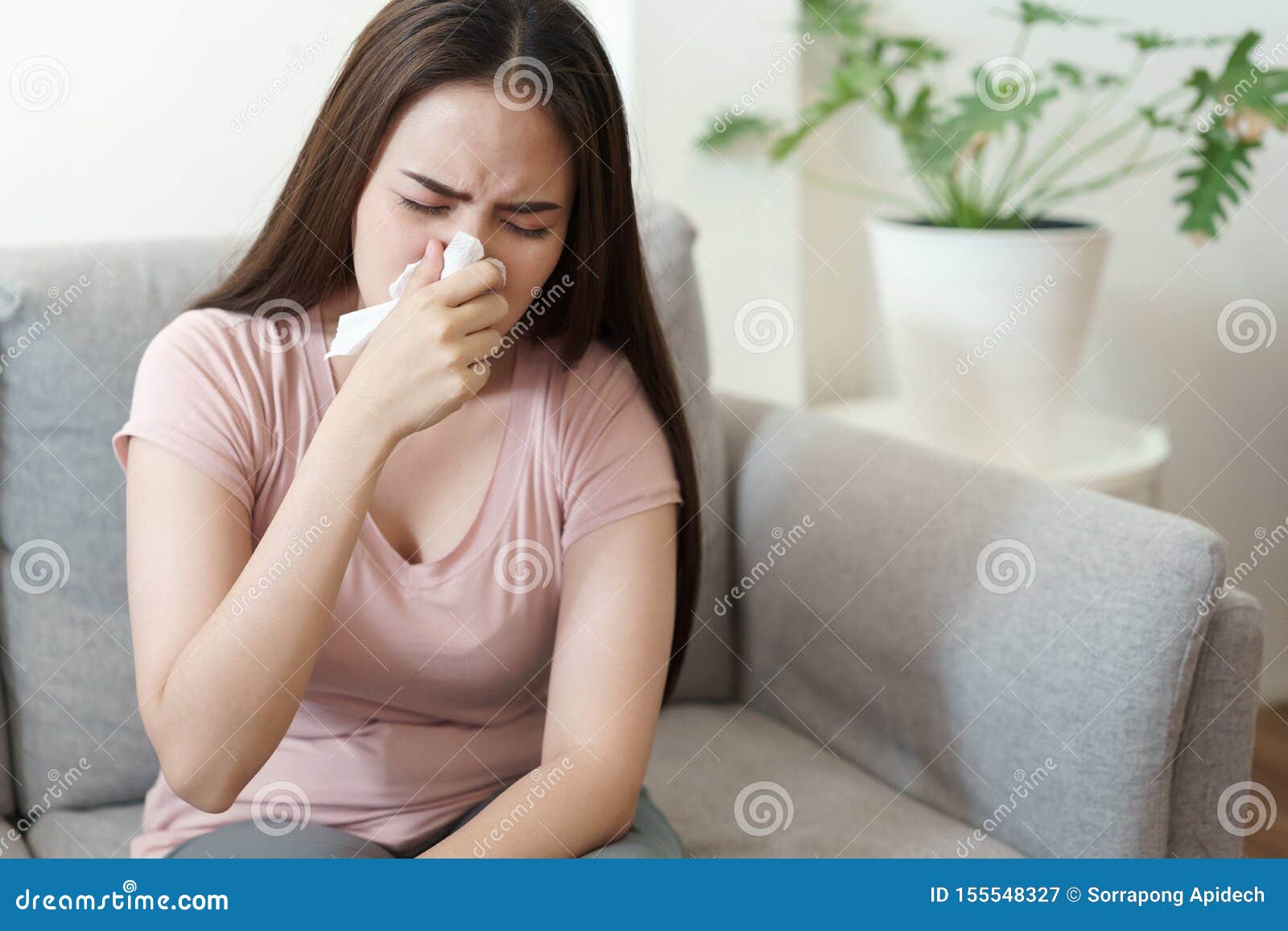 asian cute of  girl having  flu season and sneeze using paper tissues sitting on sofa at home, health and illness 