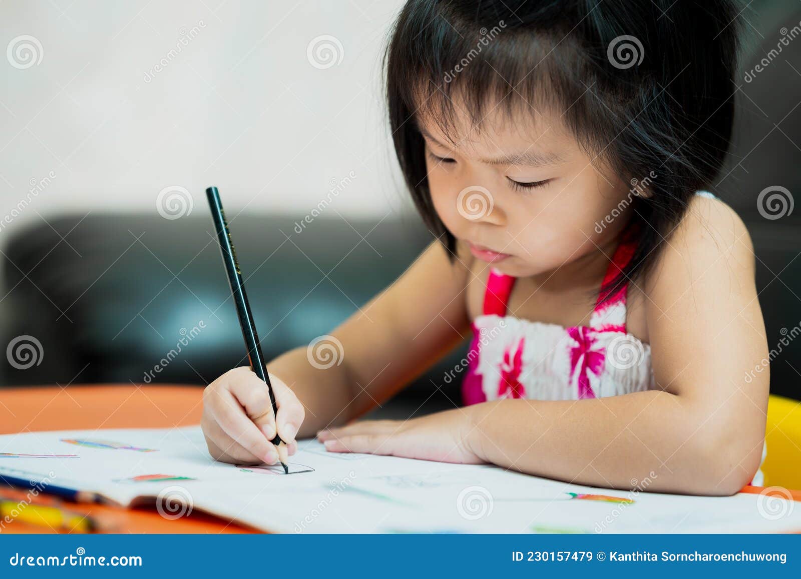 Asian Cute Kid Holding Black Crayon Coloring on Book Work. Stock Image -  Image of child, elementary: 230157479
