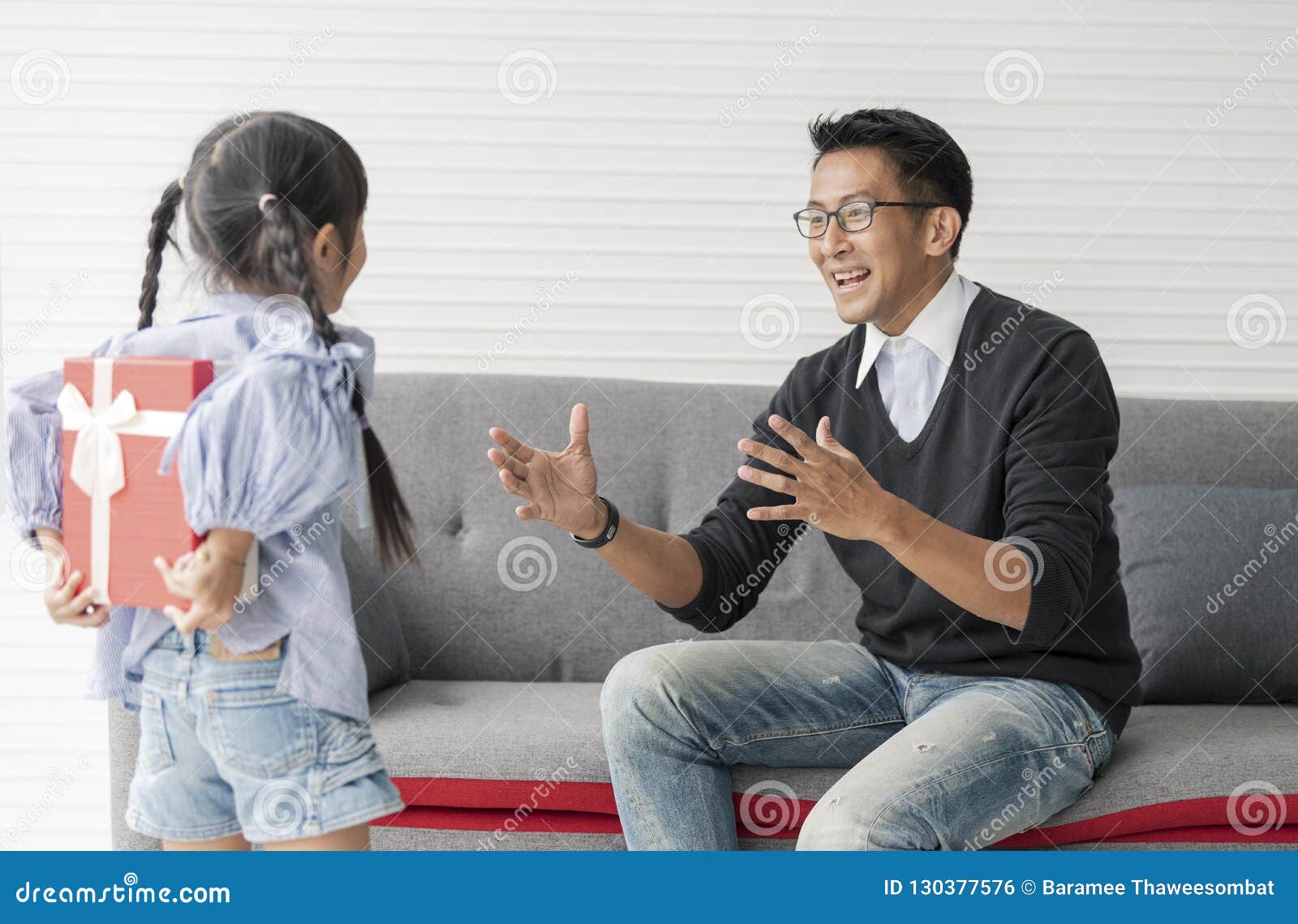 Asian Daughter Give Present For Father Concept Surprise Stock Photo