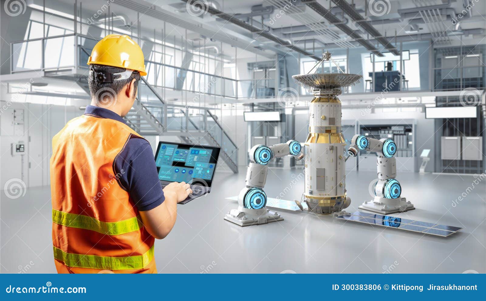 Asian Engineer with Satellite Dish Manufacturing in Laboratory Stock