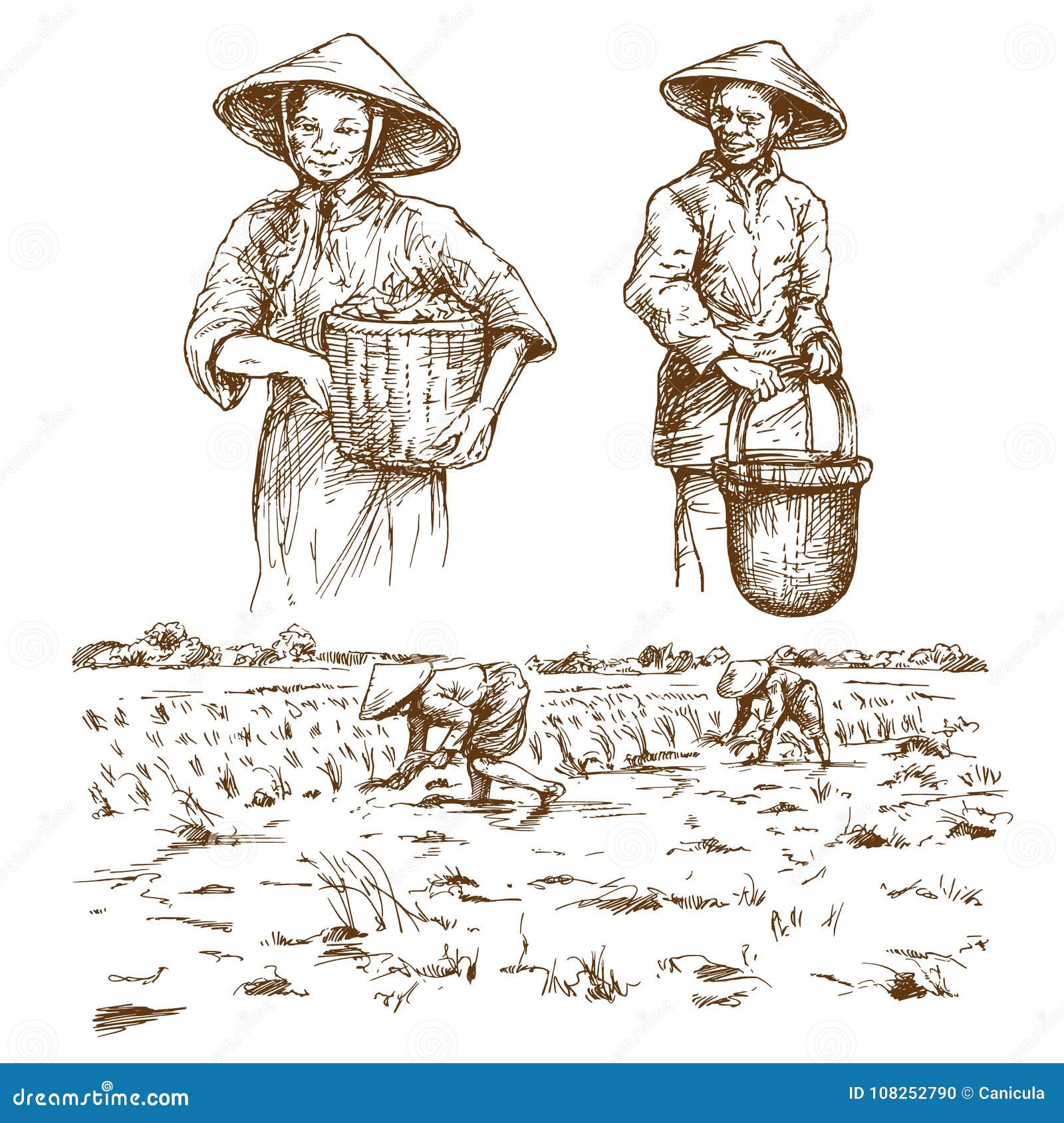 Asian Farmers Working On Farm Set. Peasants In Straw Conical Hats ...