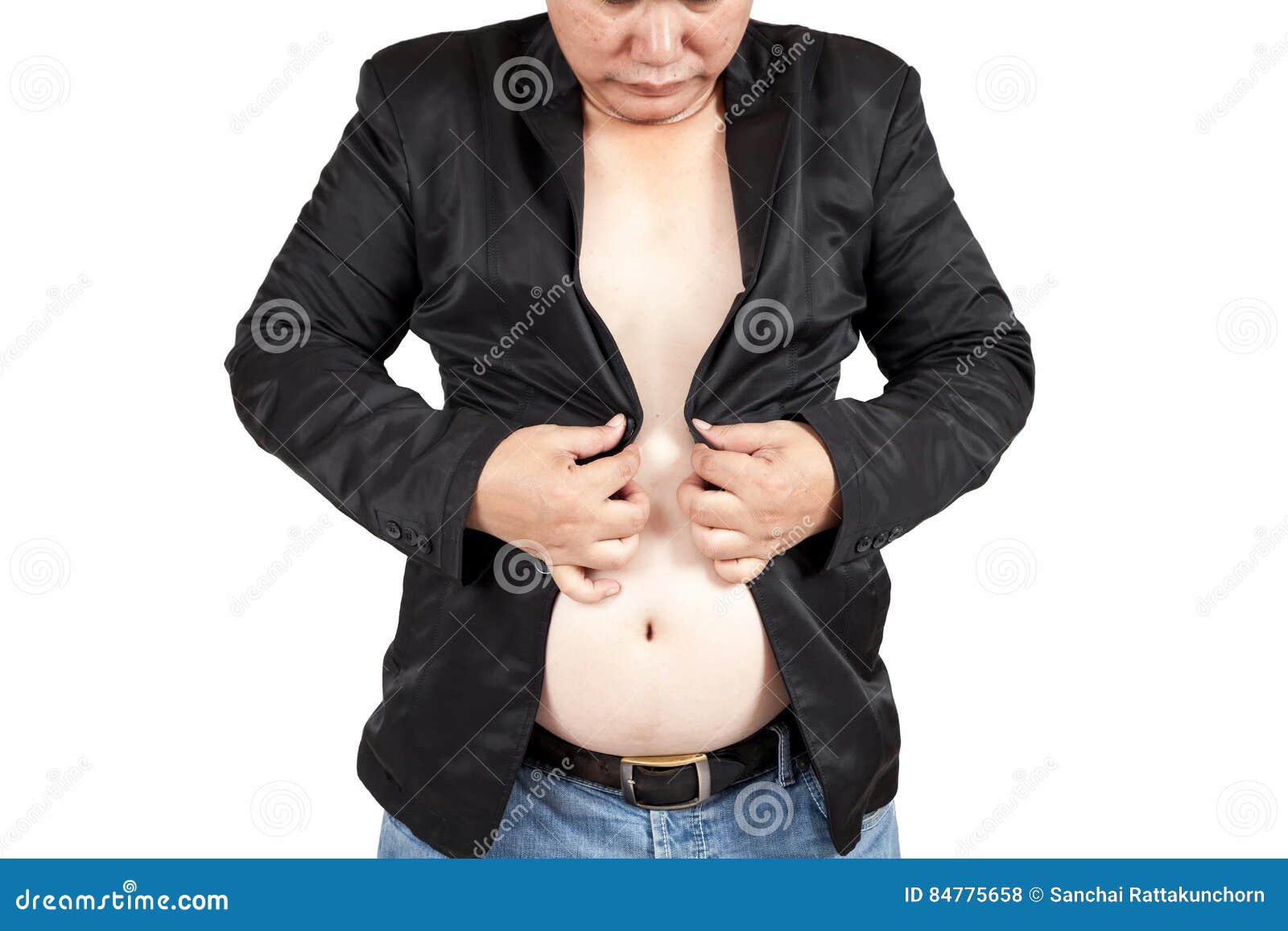 asian fat man trying to button his suits difficult to close th jacket big belly isolated white background 84775658