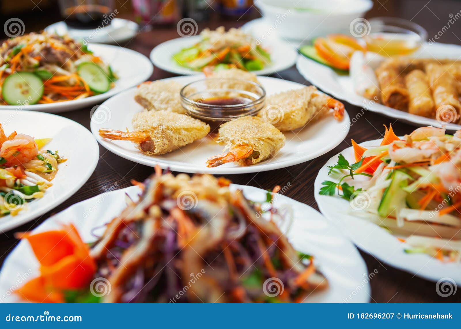 Asian Food Menu Fried Springrolls With Shrimps And Assortments Of Fresh Salads In Vietnamese Cuisine Restaurant Delicious Seafood Stock Image Image Of Plate Chicken 182696207