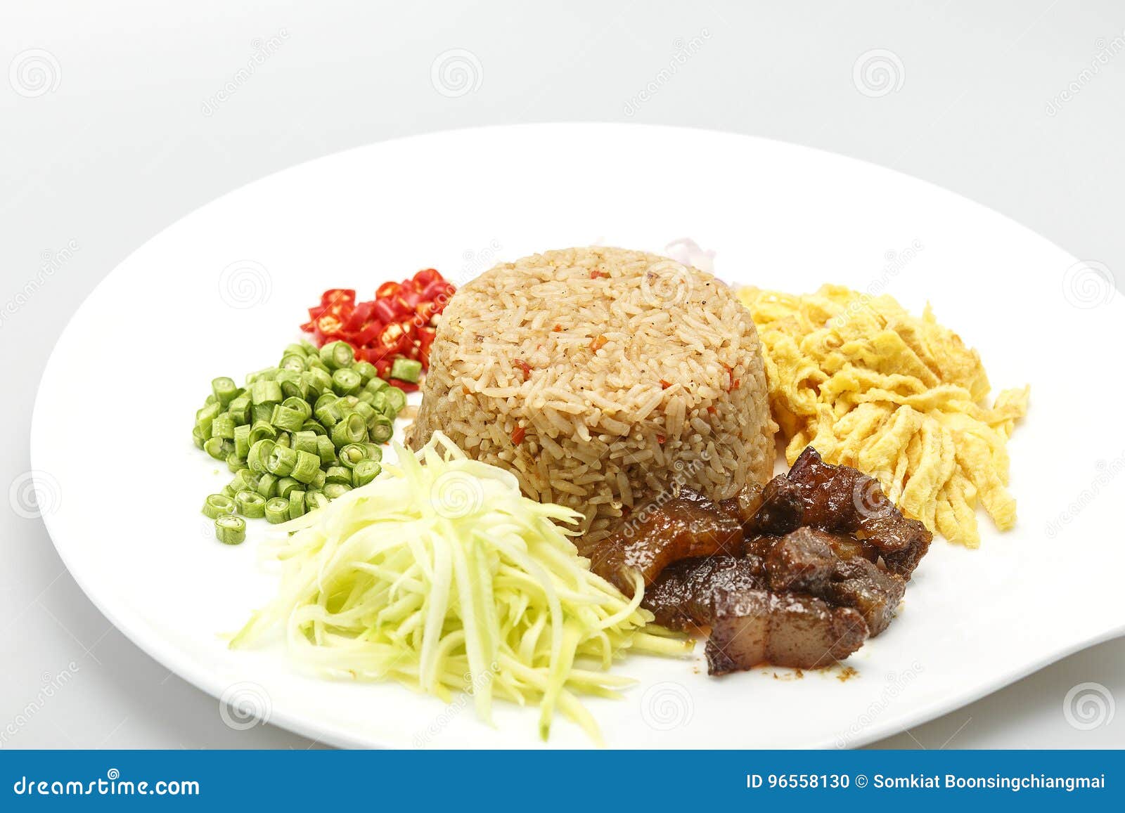 asian food. rice seasoned with shrimp paste khaao khlook gabpi on  white background,