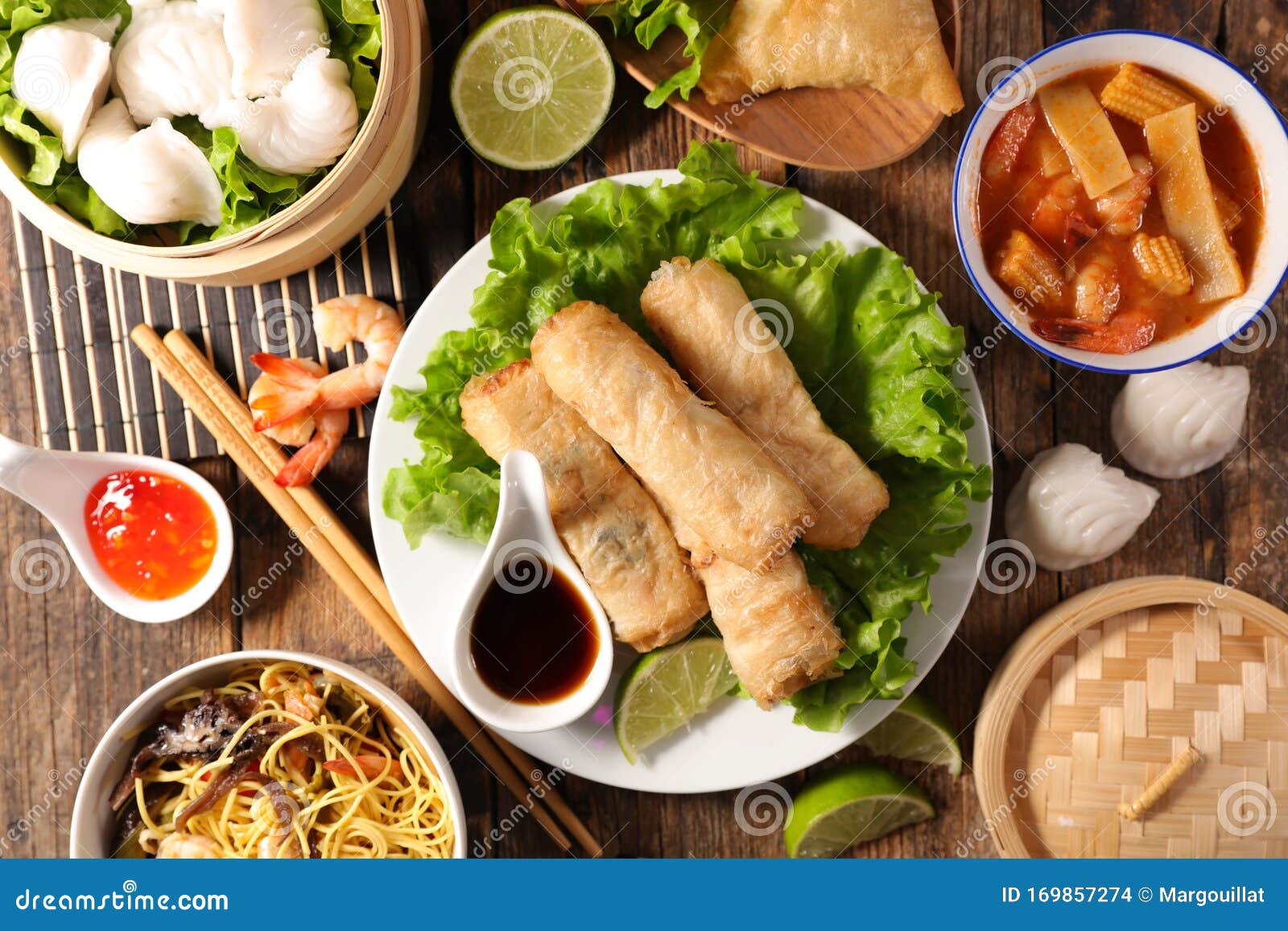 Asian Food- Spring Roll, Noodles Soup, Dim Sum Stock Photo - Image of