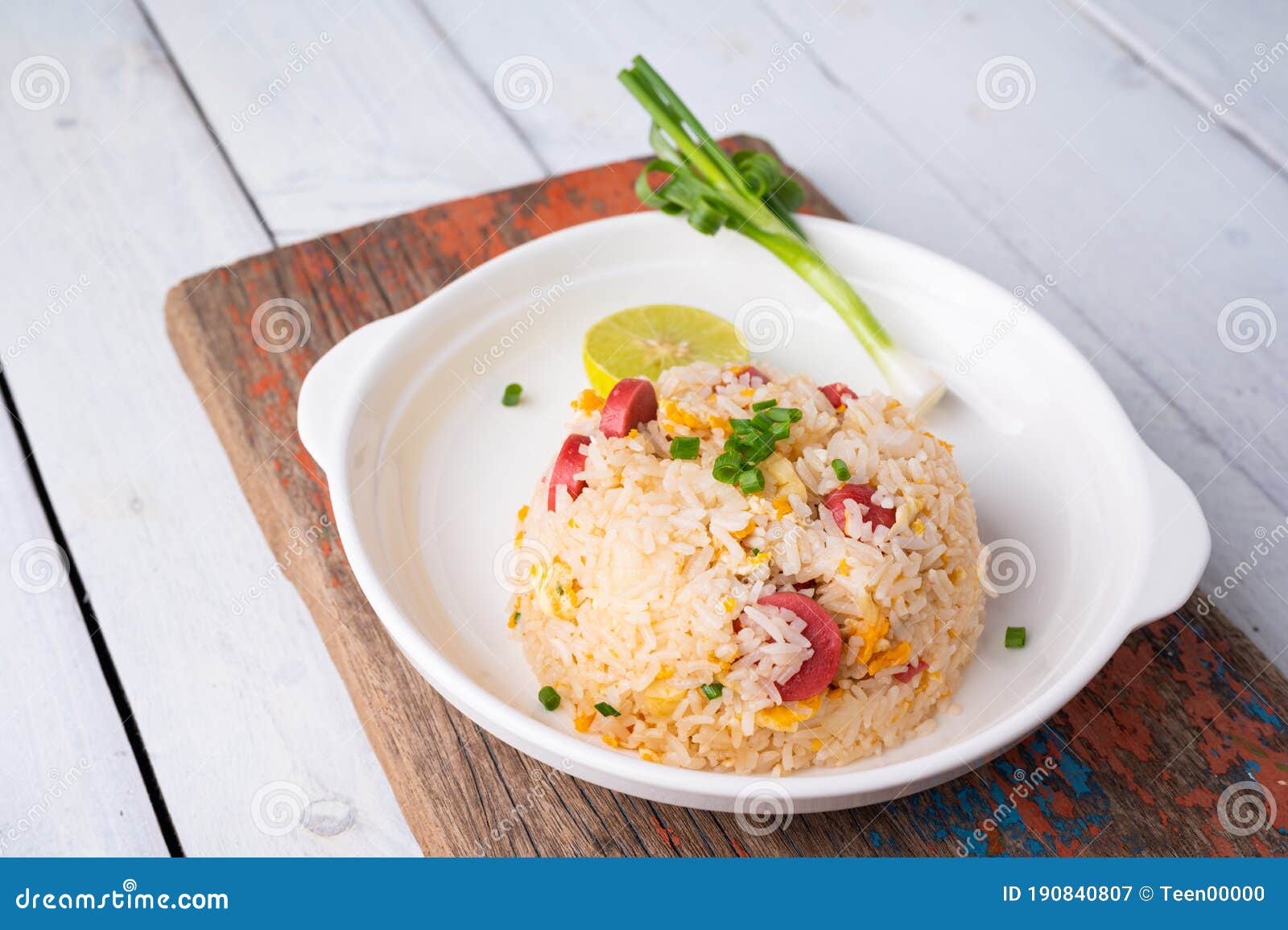 Asian Fried Jasmin Rice with Sausage and Eggs Stock Image Image of