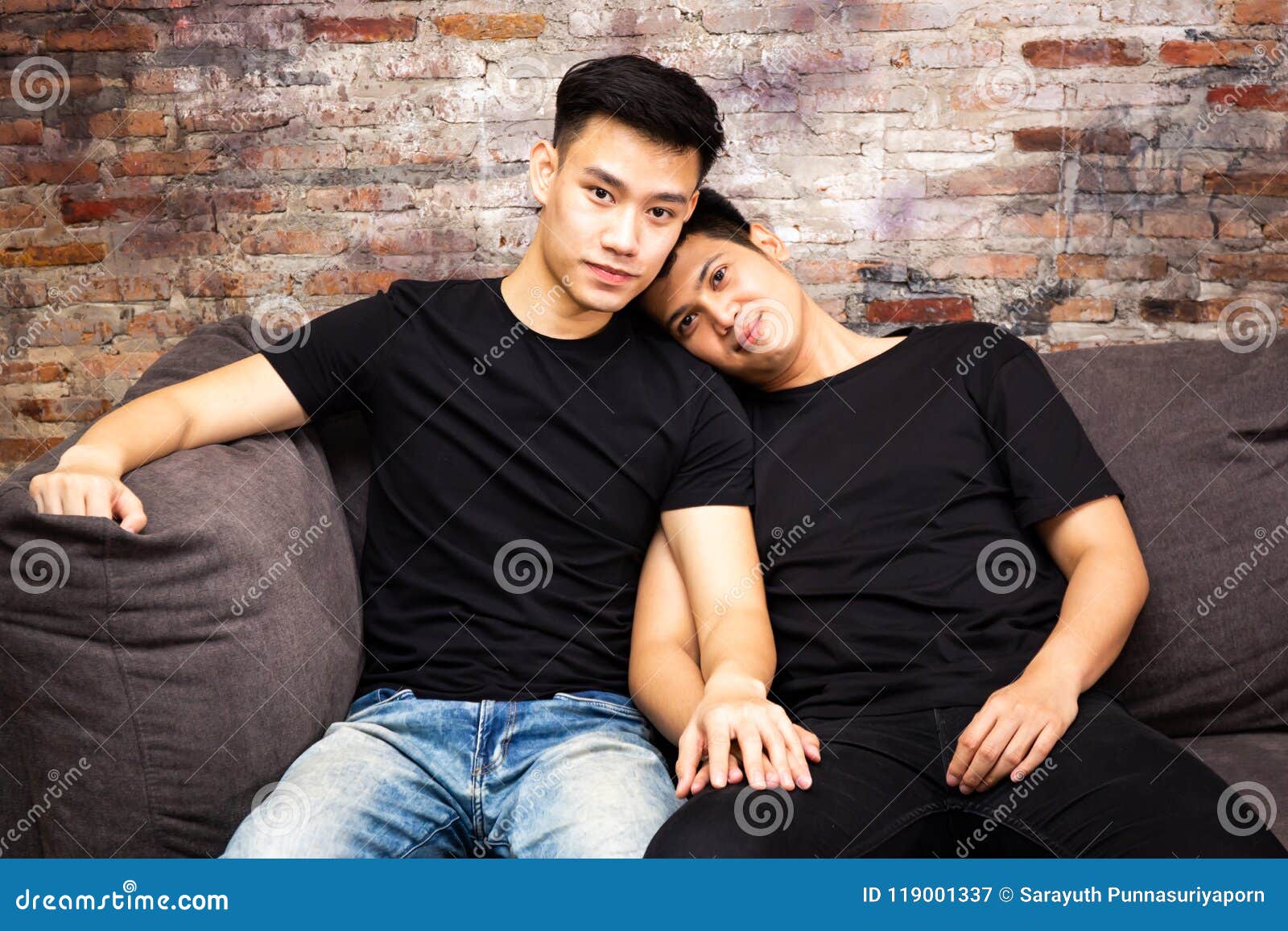 Asian Gay Couple Spending Time At Home Together And Looking At Camera Portrait Of Happy Gay Men