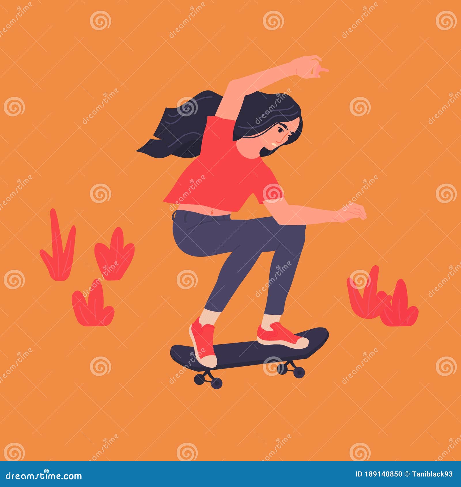 Asian Girl Ridiing Skateboard. Hair Worried Young Woman Learning How To Ride on Skate,trying Not To Stock Vector Illustration of character: 189140850