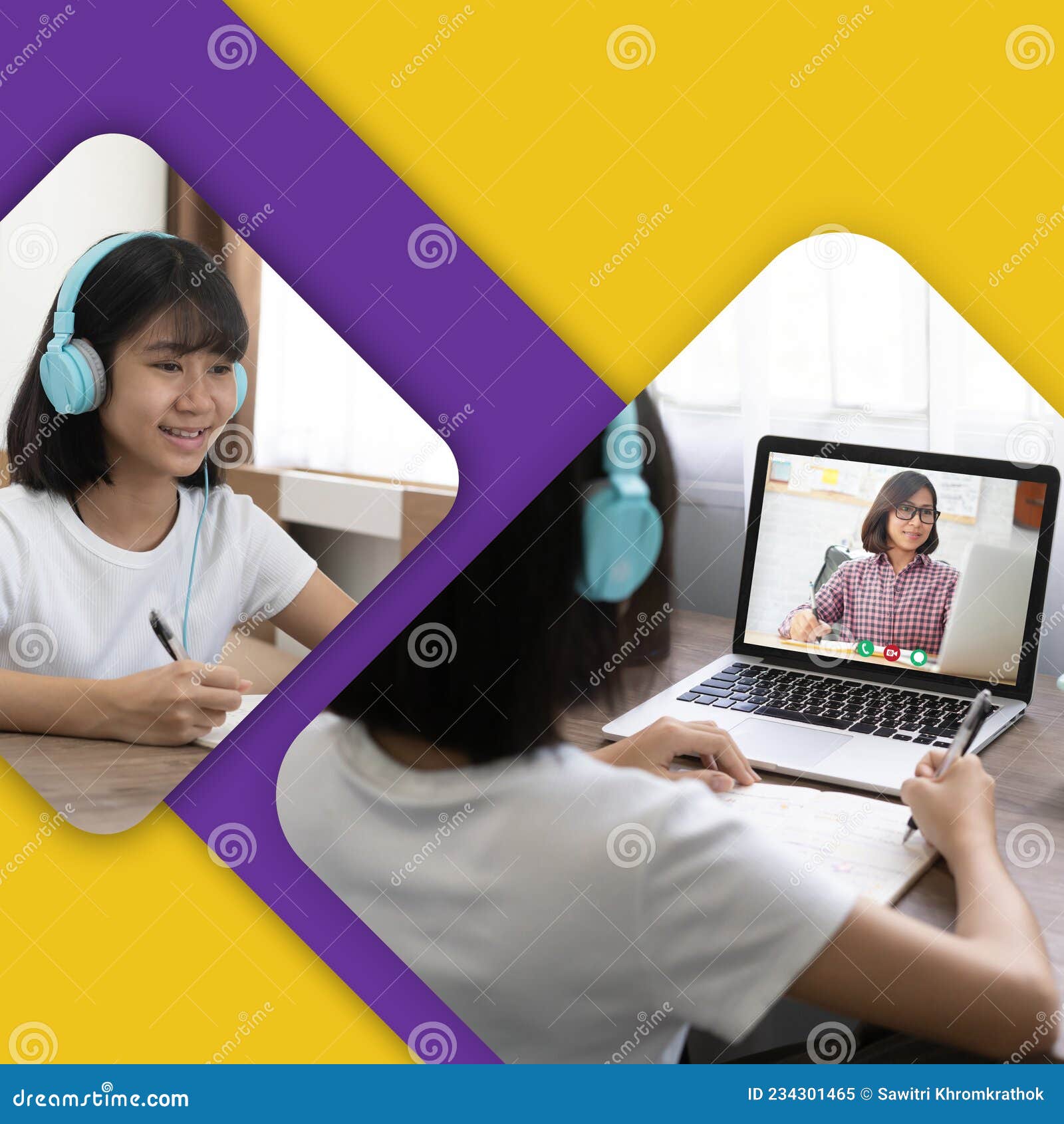 asian girl studying homework online lesson, poster flyer brochure cover