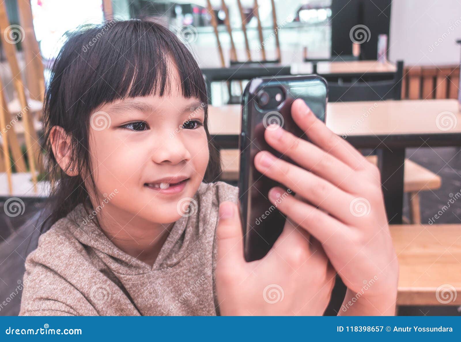 Asian Girl Taking Selfie in Cafe Restaurant Stock Image - Image of cute