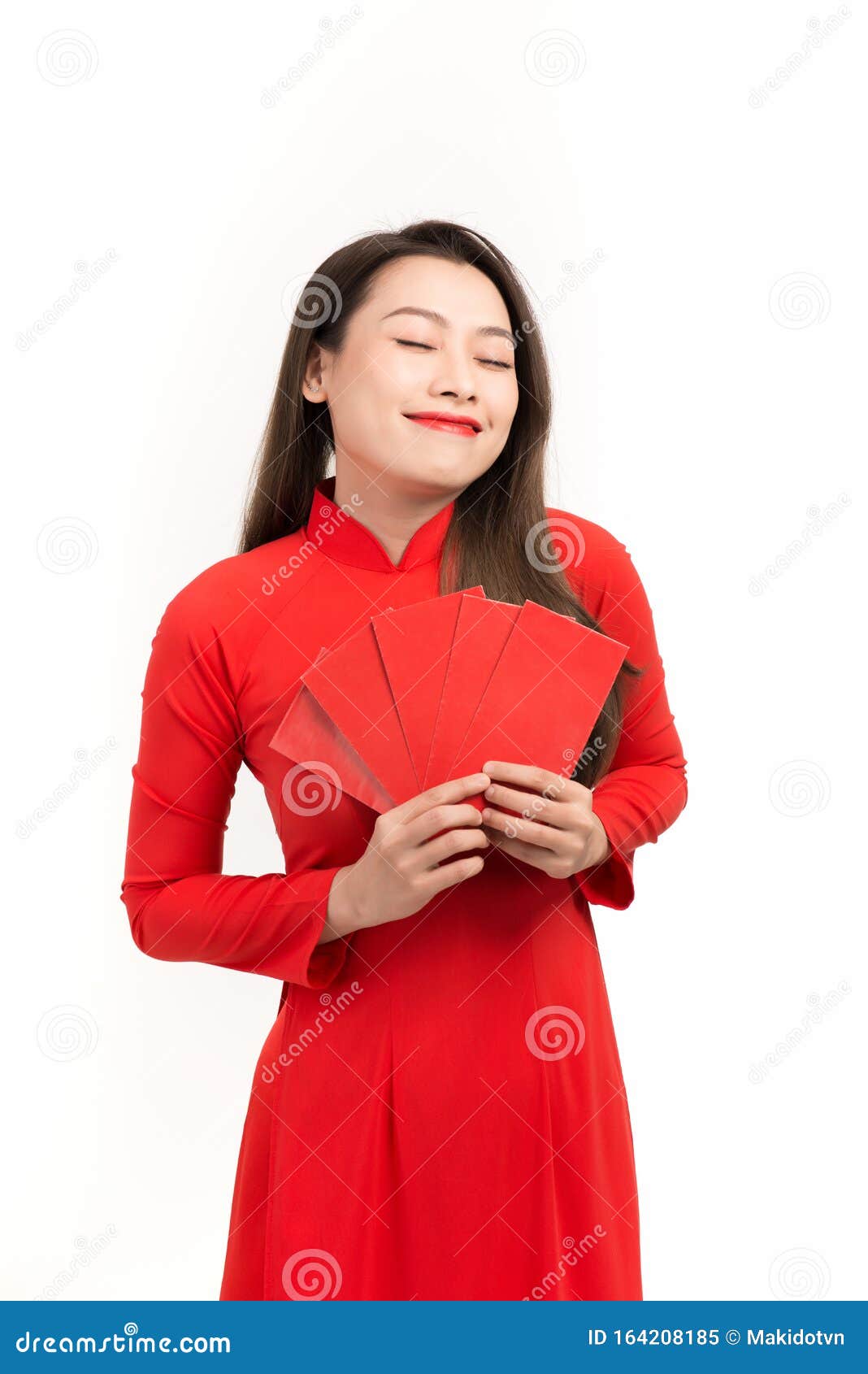 Asian Girl In Traditional Dress And Take Red Envelopes Lunar New Year Tet Holiday Concept Stock Image Image Of Spring Dress