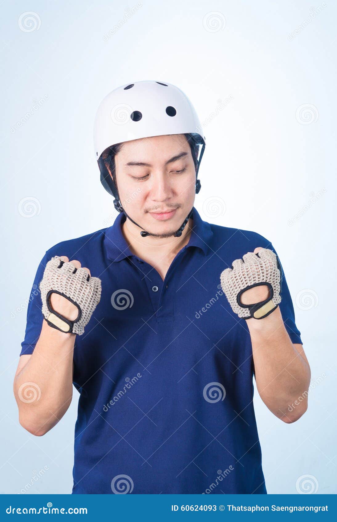 Asian Guy with Bicycle Helmet and Gloves Stock Image Image of happy
