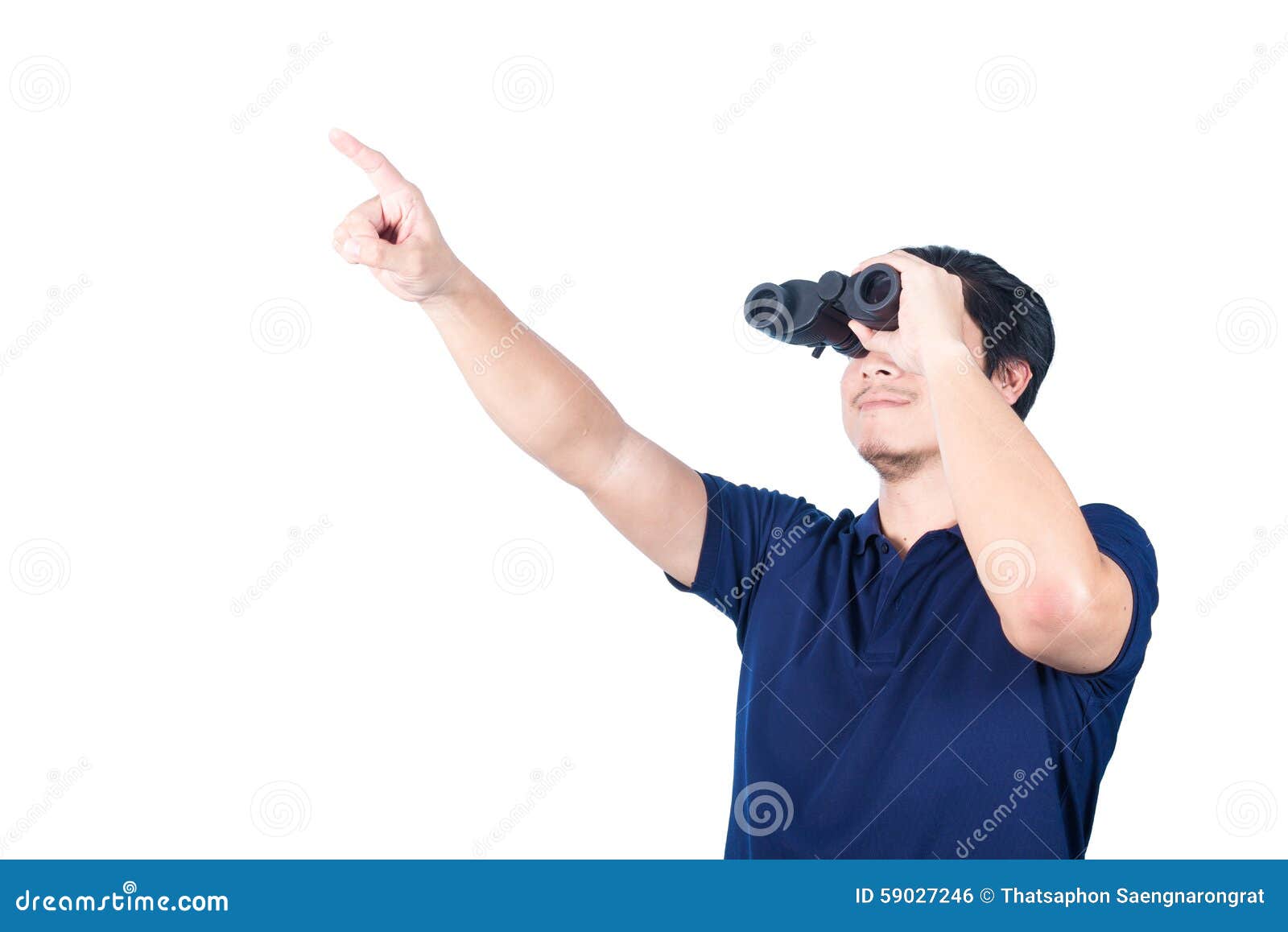Asian Guy Holding Binoculars, Isolated On A White Background. Stock