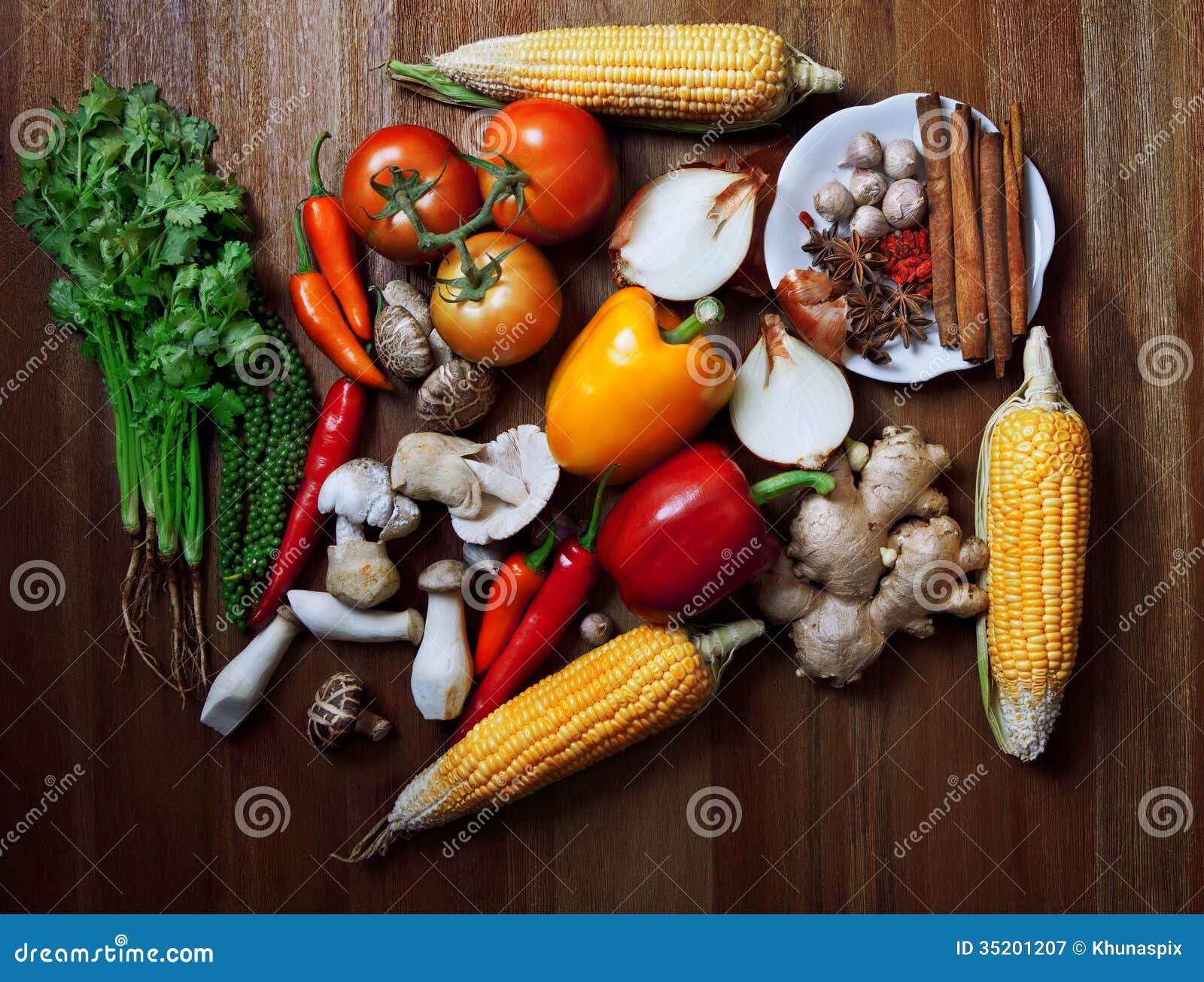 Asian Herb Spice and Vegetable Plant on Wood Texture Stock Image