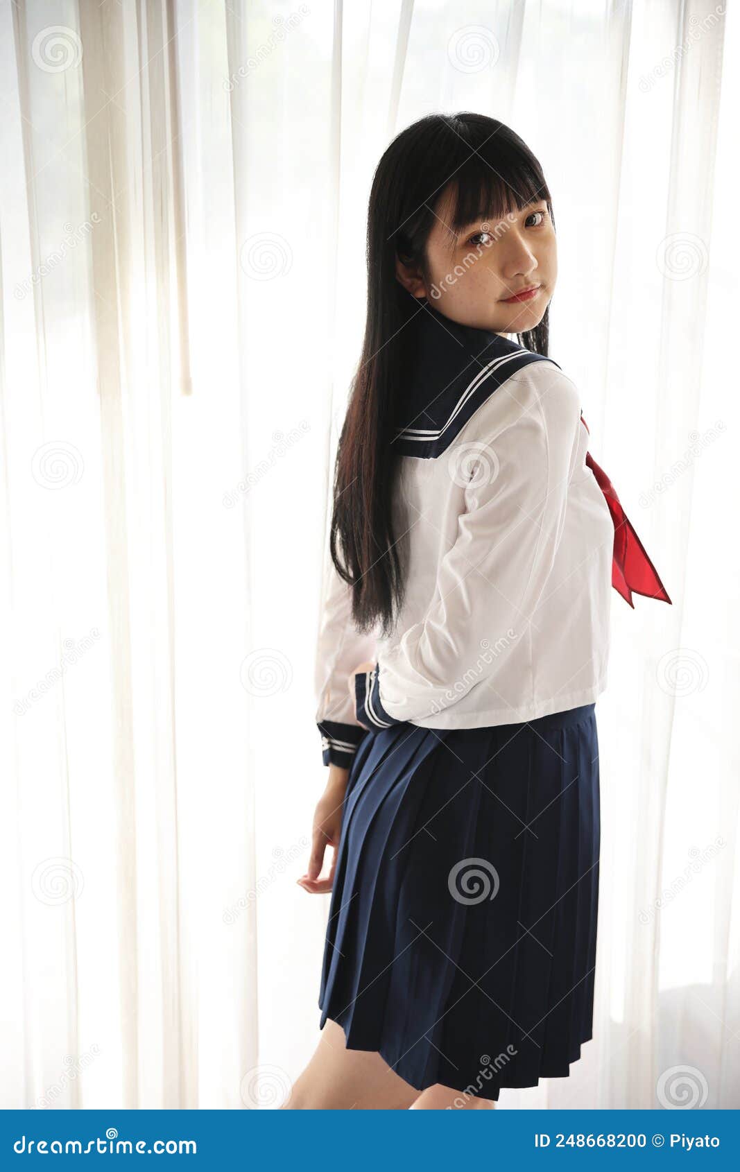 Asian Female High School Student Sitting with Cosmos Flower Garden ...