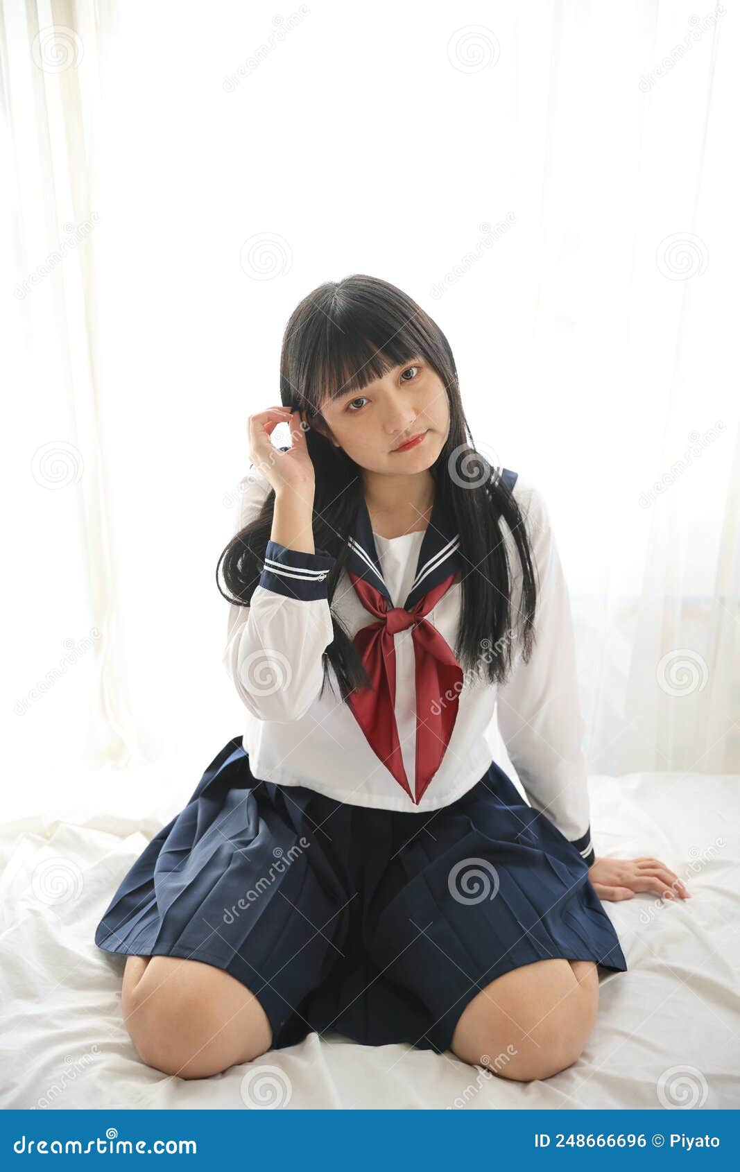 Asian High School Girls Student Sitting with Looking at Camera in White ...