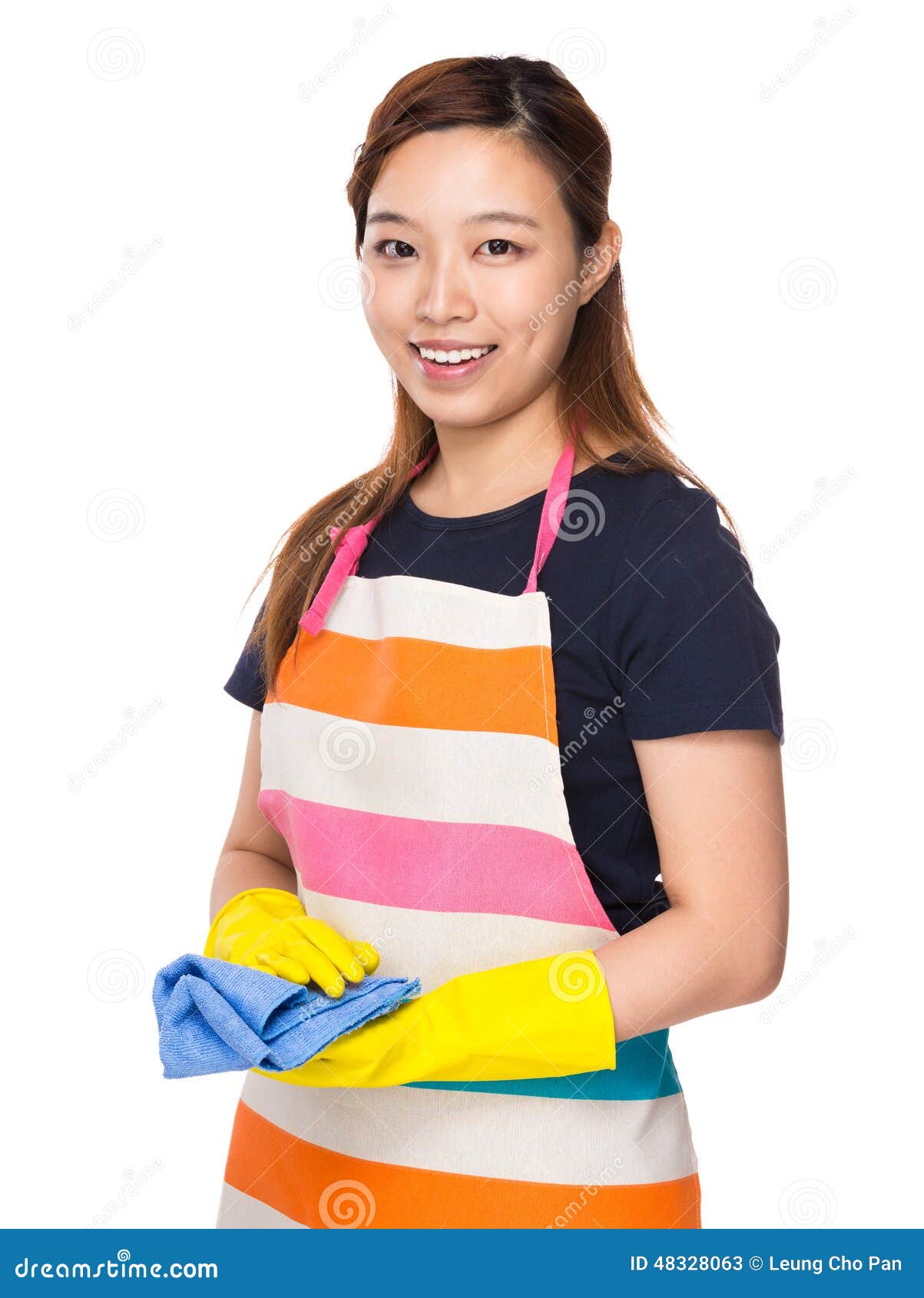 Asian Housewife Wear with Plastic Gloves and Rag Stoc picture