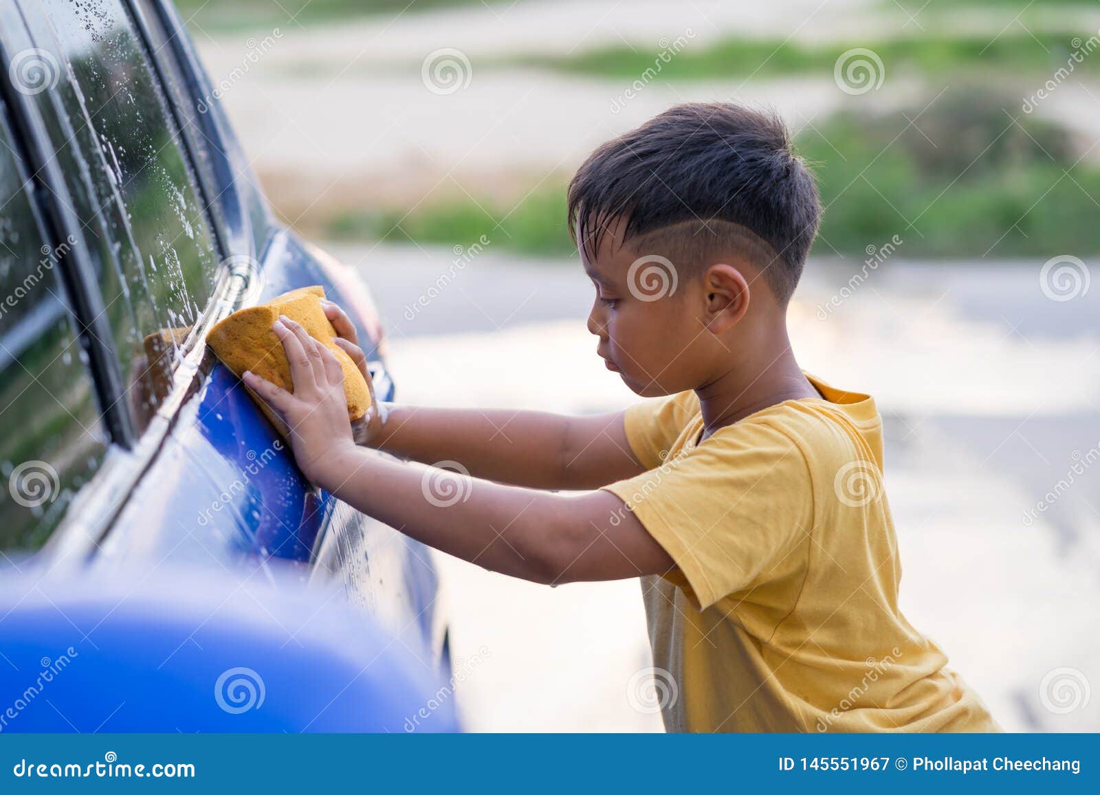Asian kid boy washing car stock image. Image of cute 145551967