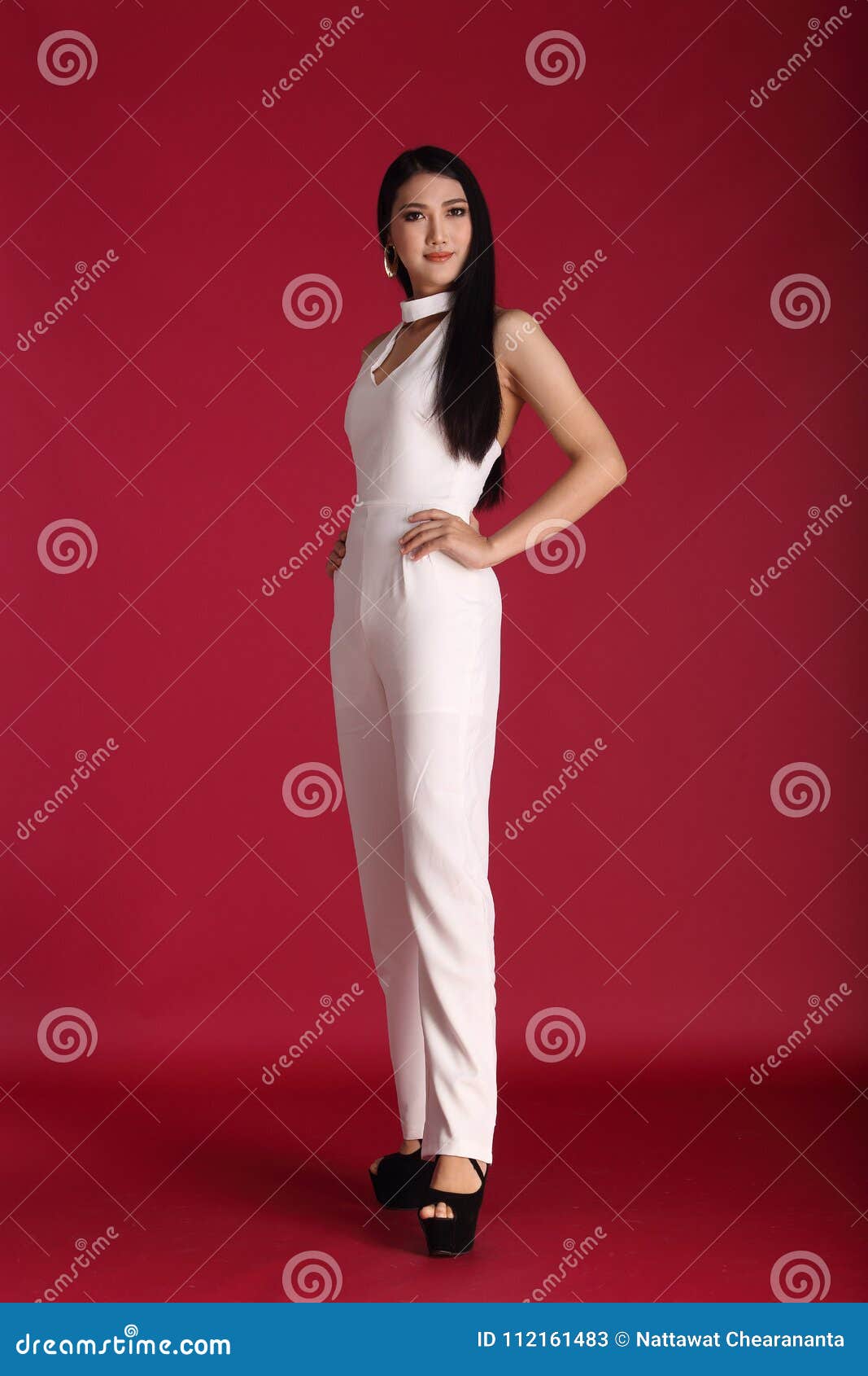 Asian Long Straight Black Hair Tan Skin Woman In Dress ...