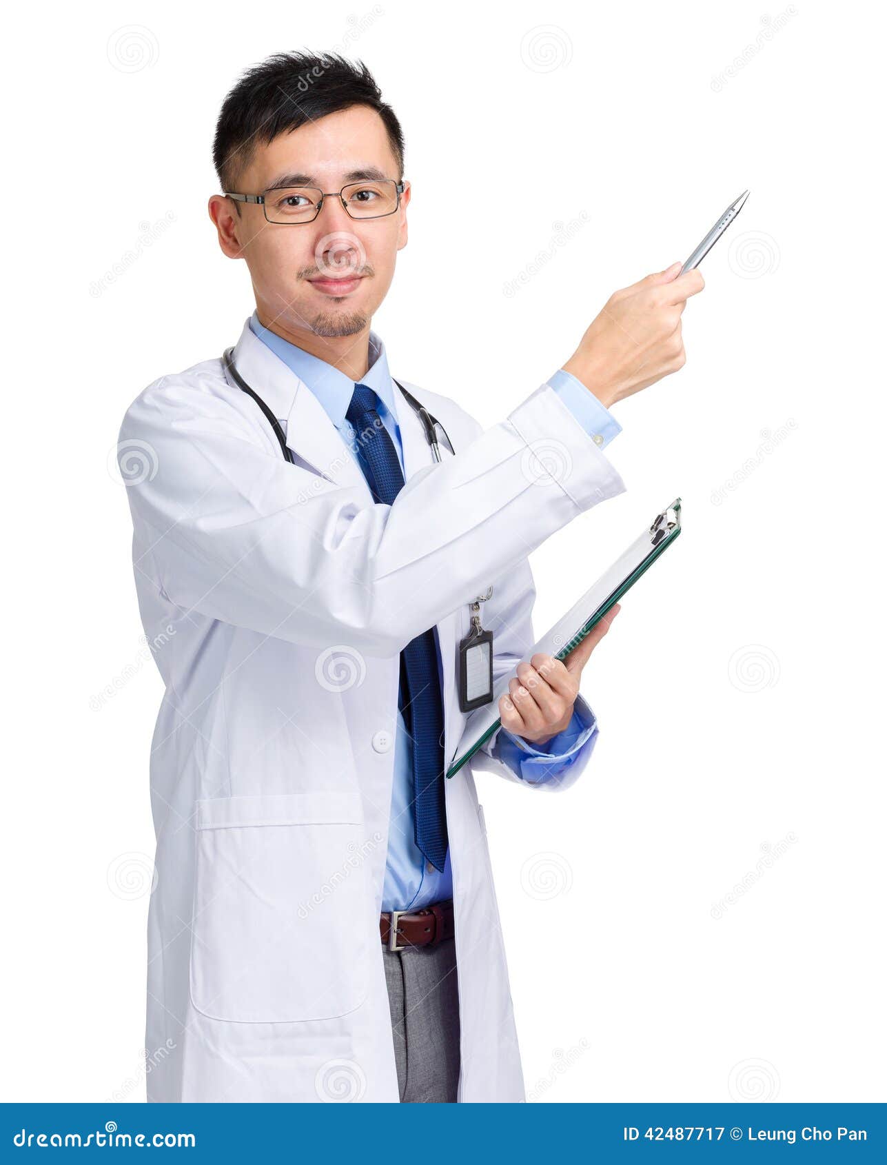 asian male doctor with clipboard and pen indicate something