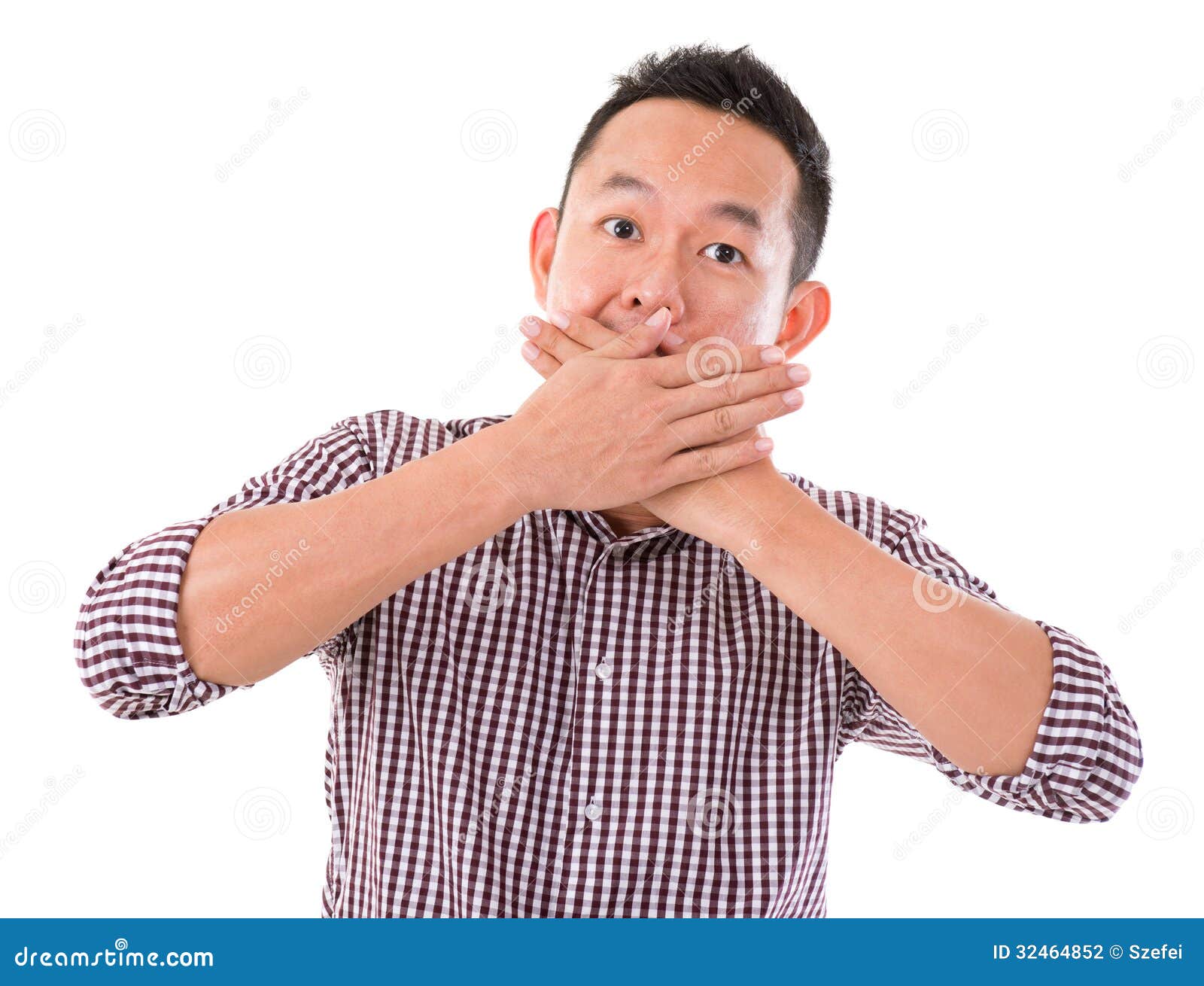 Asian man with big surprise expression, hand covering mouth, isolated on white background. Asian male model.