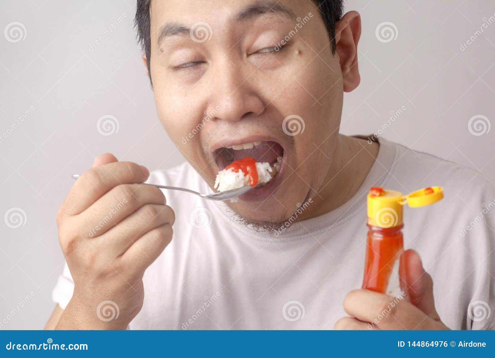 Asian Man Eating Rice with Sambal Chili Sauce Stock Photo - Image of  dinner, face: 144864976