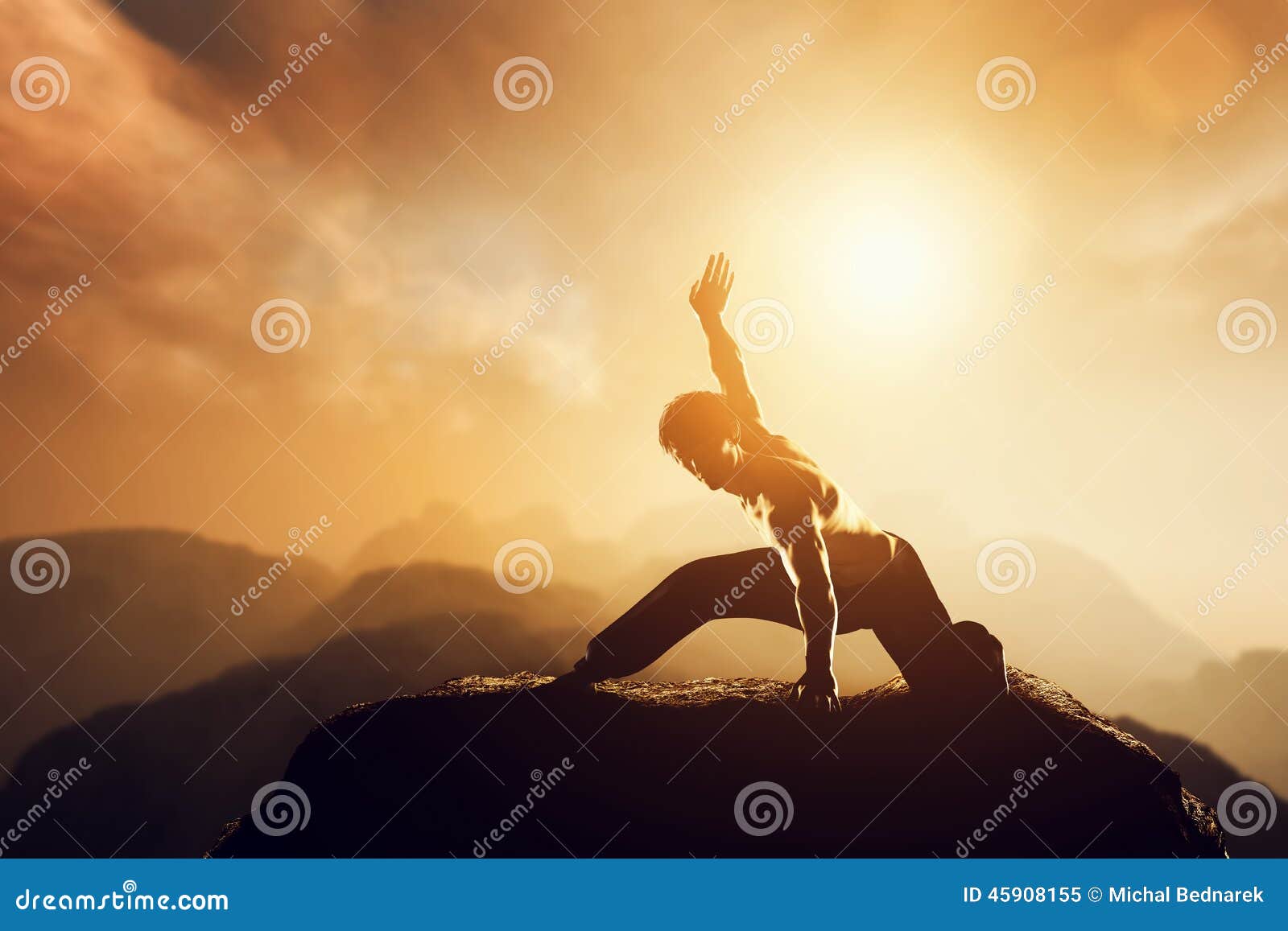 asian man, fighter practices martial arts in mountains