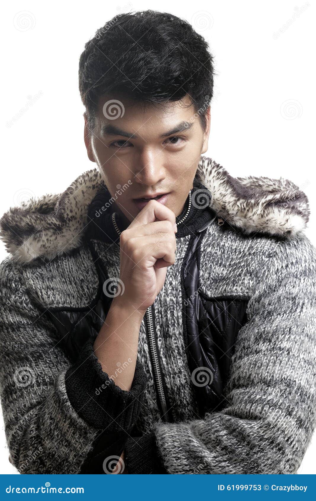 Asian Man in Fur and Yarn Texture Jacket Stock Image - Image of beauty ...