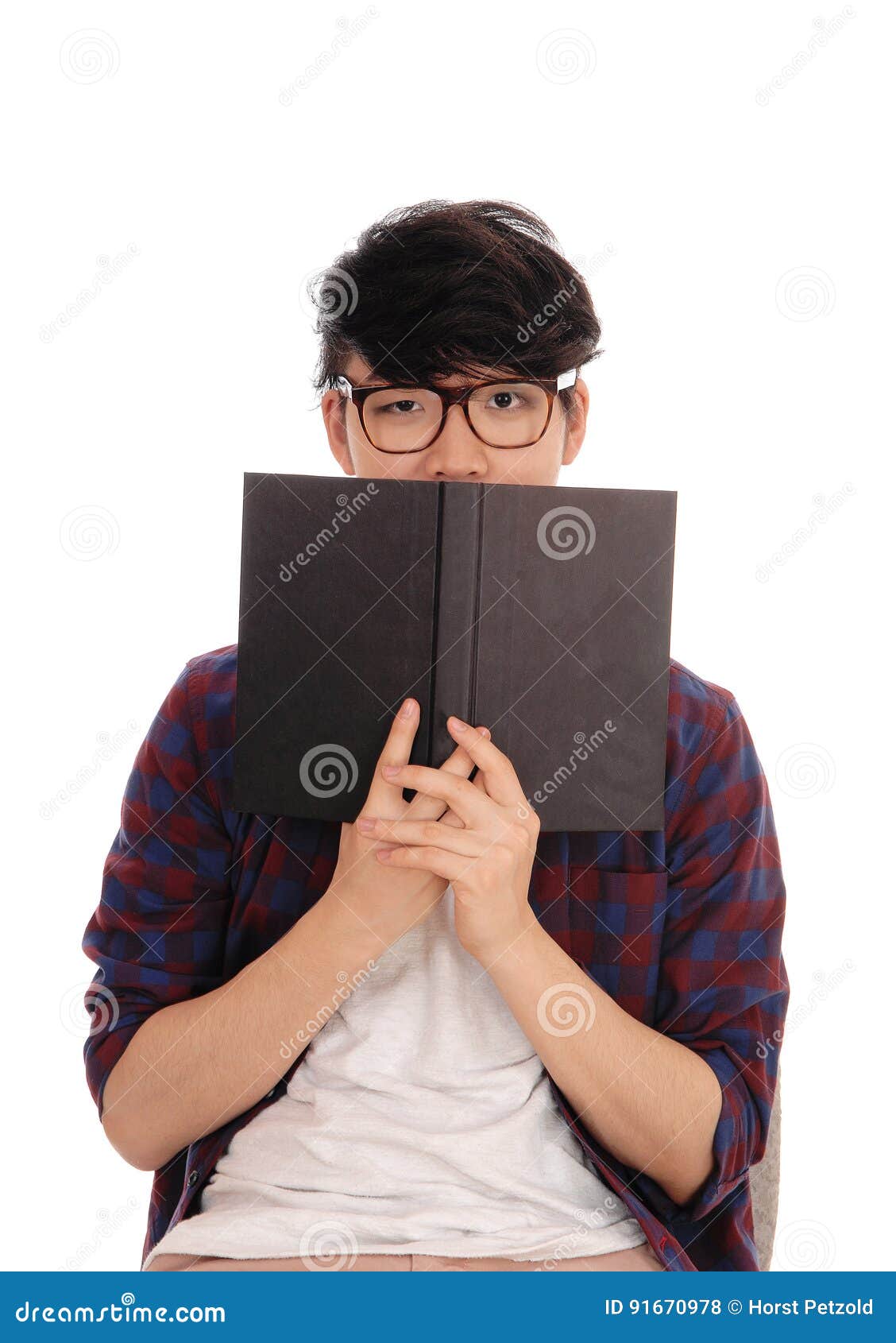 Asian Man Holding Book for Face. Stock Photo - Image of lecture,  concentrated: 91670978