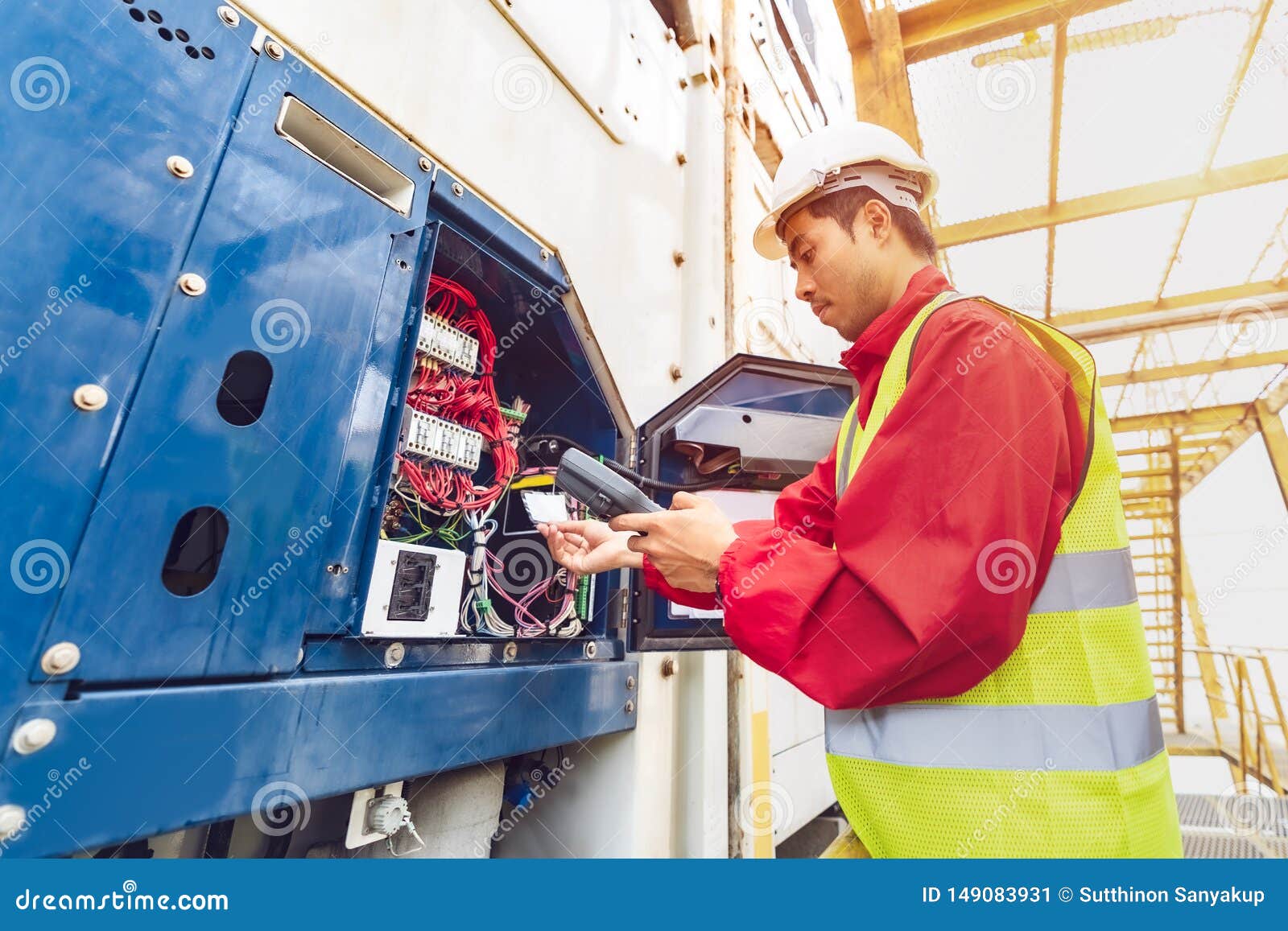 Asian Man Reefer Technician is Seriously Working and Monitoring Reefer Container at the Port
