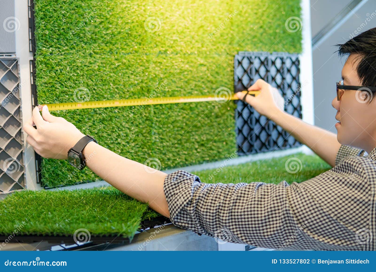 Download Asian Man Using Tape Measure On Floor Pavement Stock Photo - Image of builder, mockup: 133527802