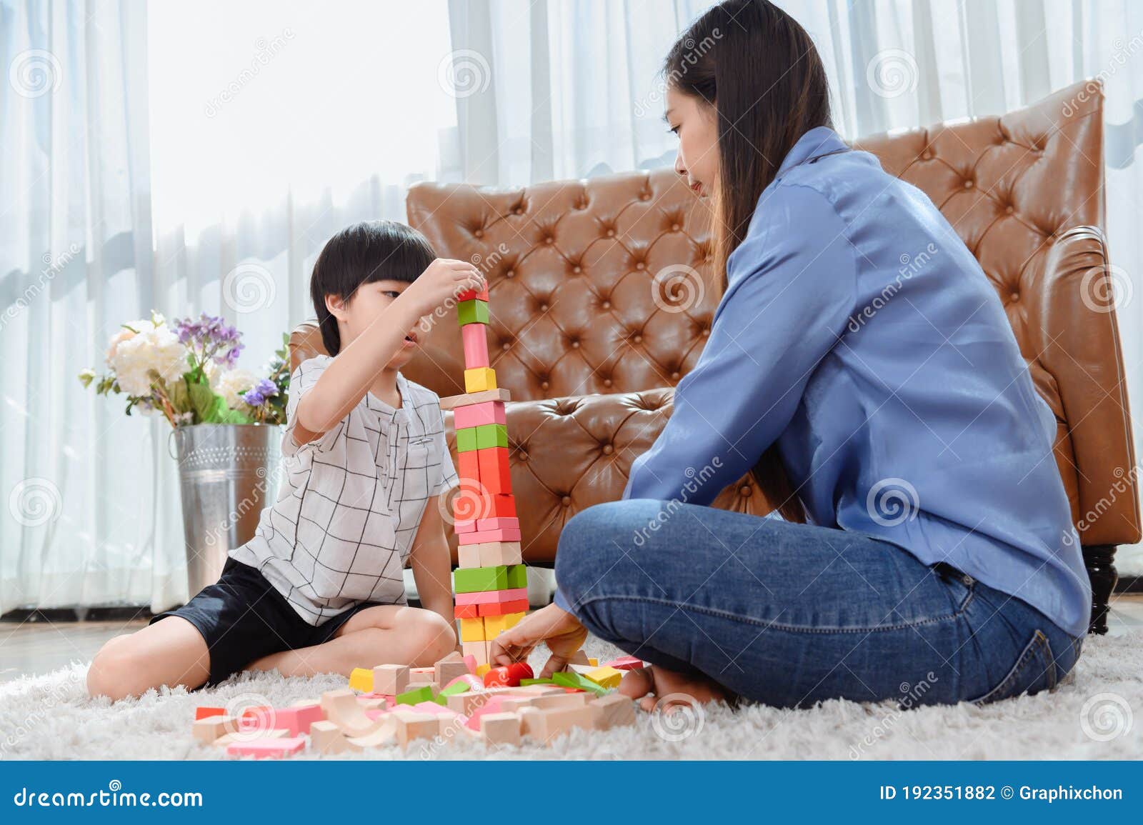 Asian Mother Work Home Together With Son Mom And Kid Play Color W