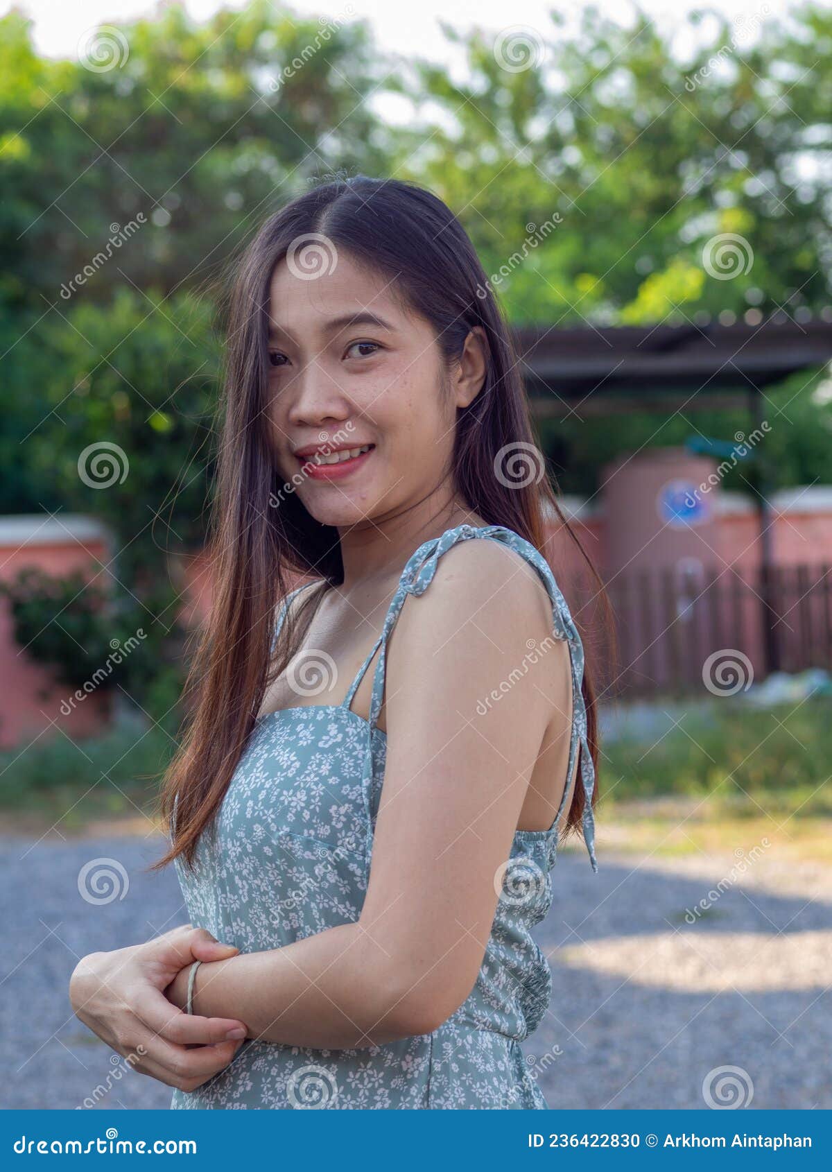 A Asian Nationality Thai Woman Wearing Blue Dress and Feel Good Stock ...