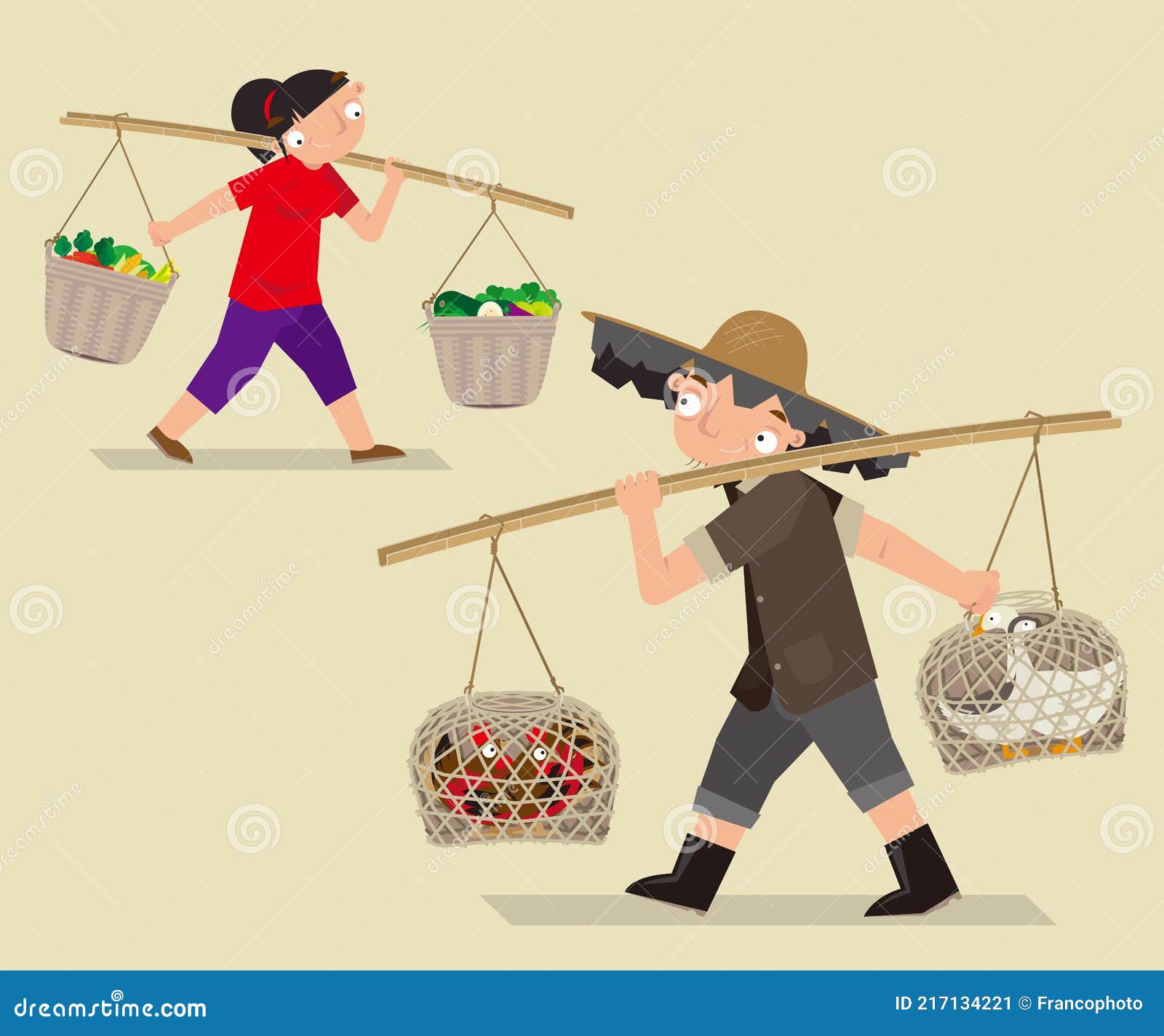 asian people carry a bamboo pole to lug loads up in the old times.